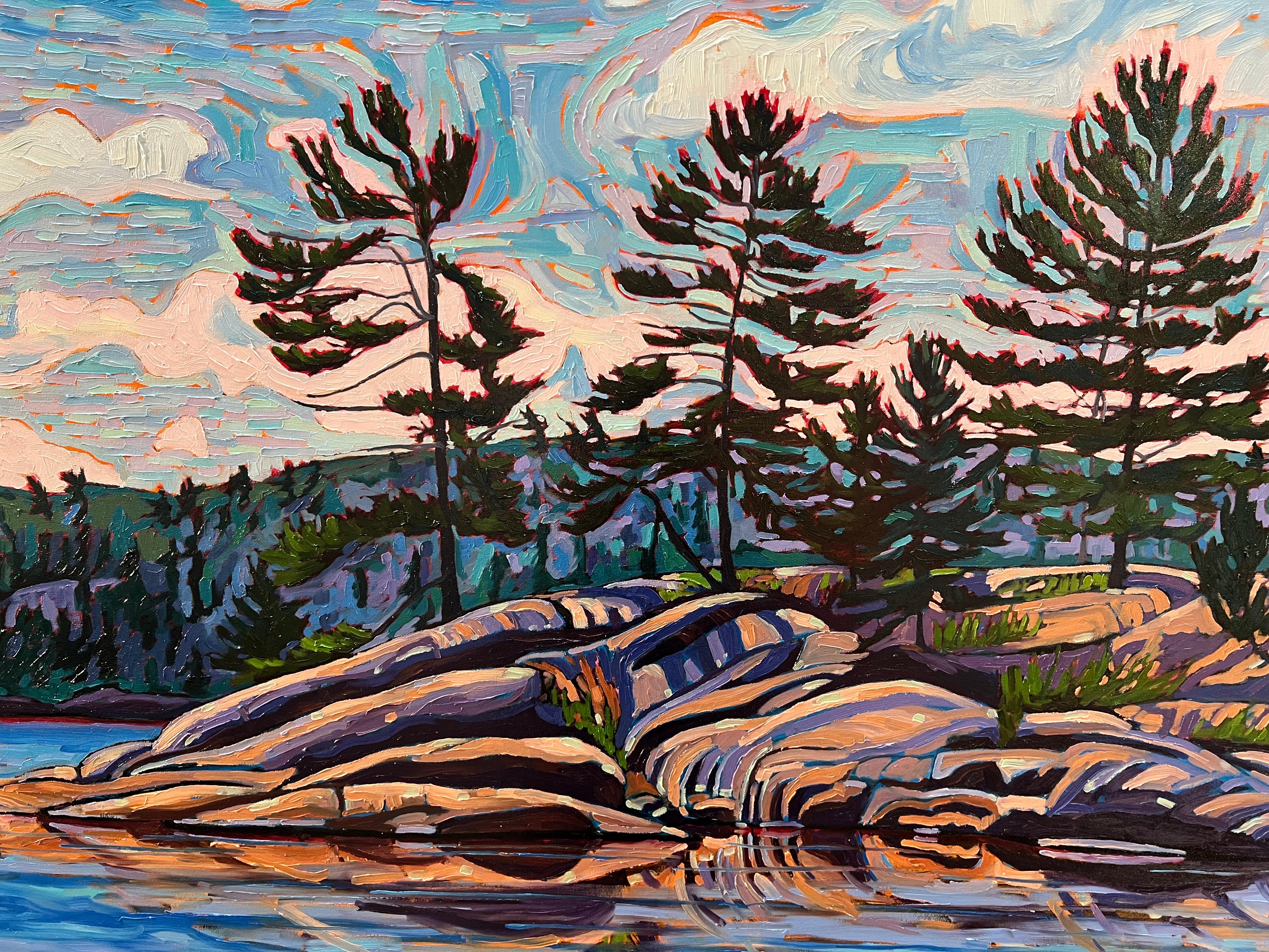 Spirit of The Lake, Killarney pink Canadian cottage lake scene, oil, 2022 - Painting by Nancy Yanaky