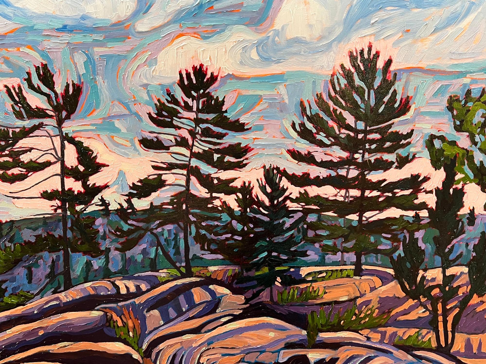 Spirito del lago, Killarney, scena canadese di cottage sul lago, olio, 2022 - Painting Espressionista di Nancy Yanaky
