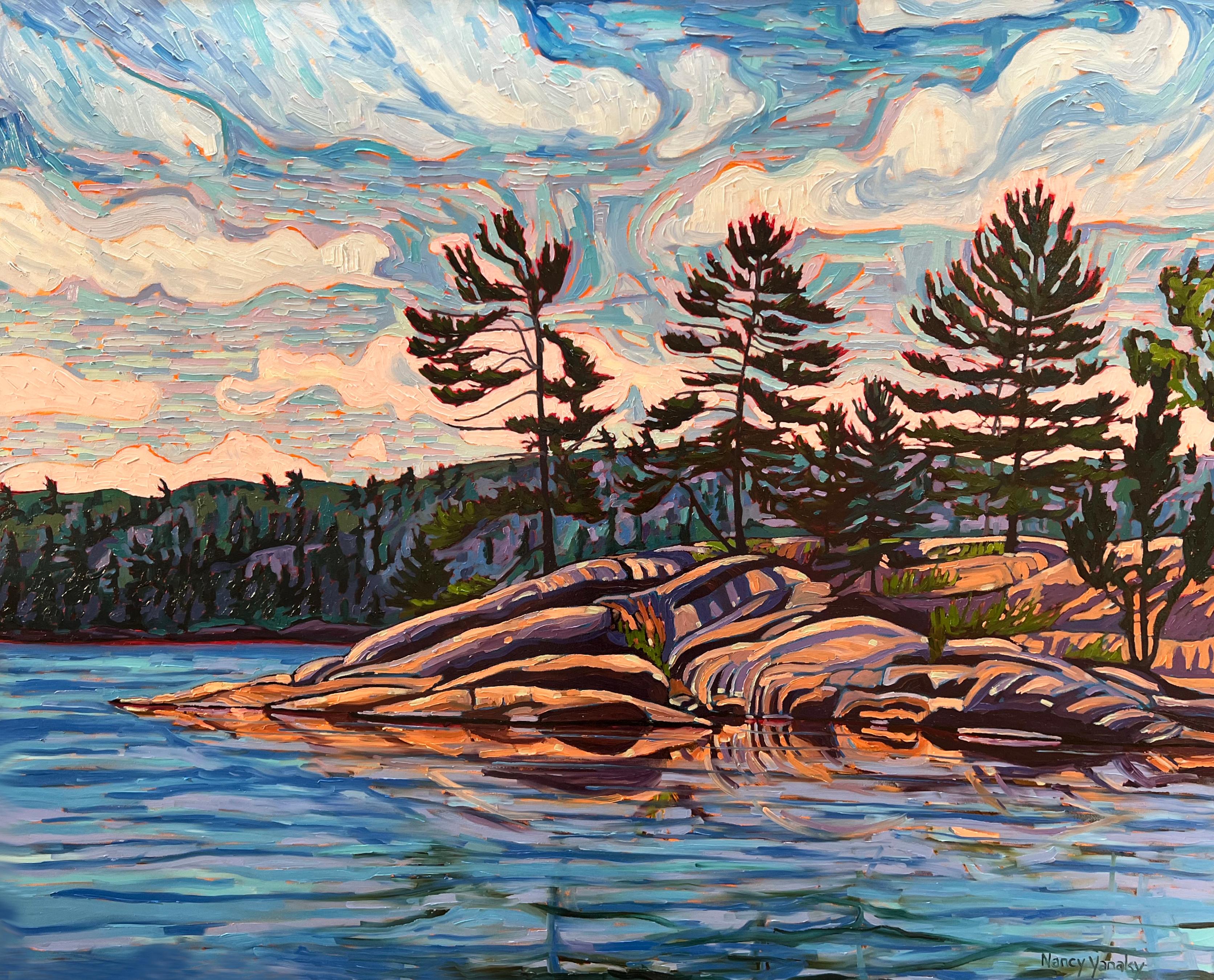 Nancy Yanaky Landscape Painting - Spirit of The Lake, Killarney pink Canadian cottage lake scene, oil, 2022