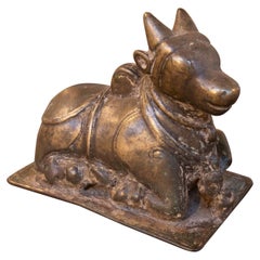 Nandi Bronze Sculpture, Sacred Bull of Shiva, Antique Hindu Art, 1930