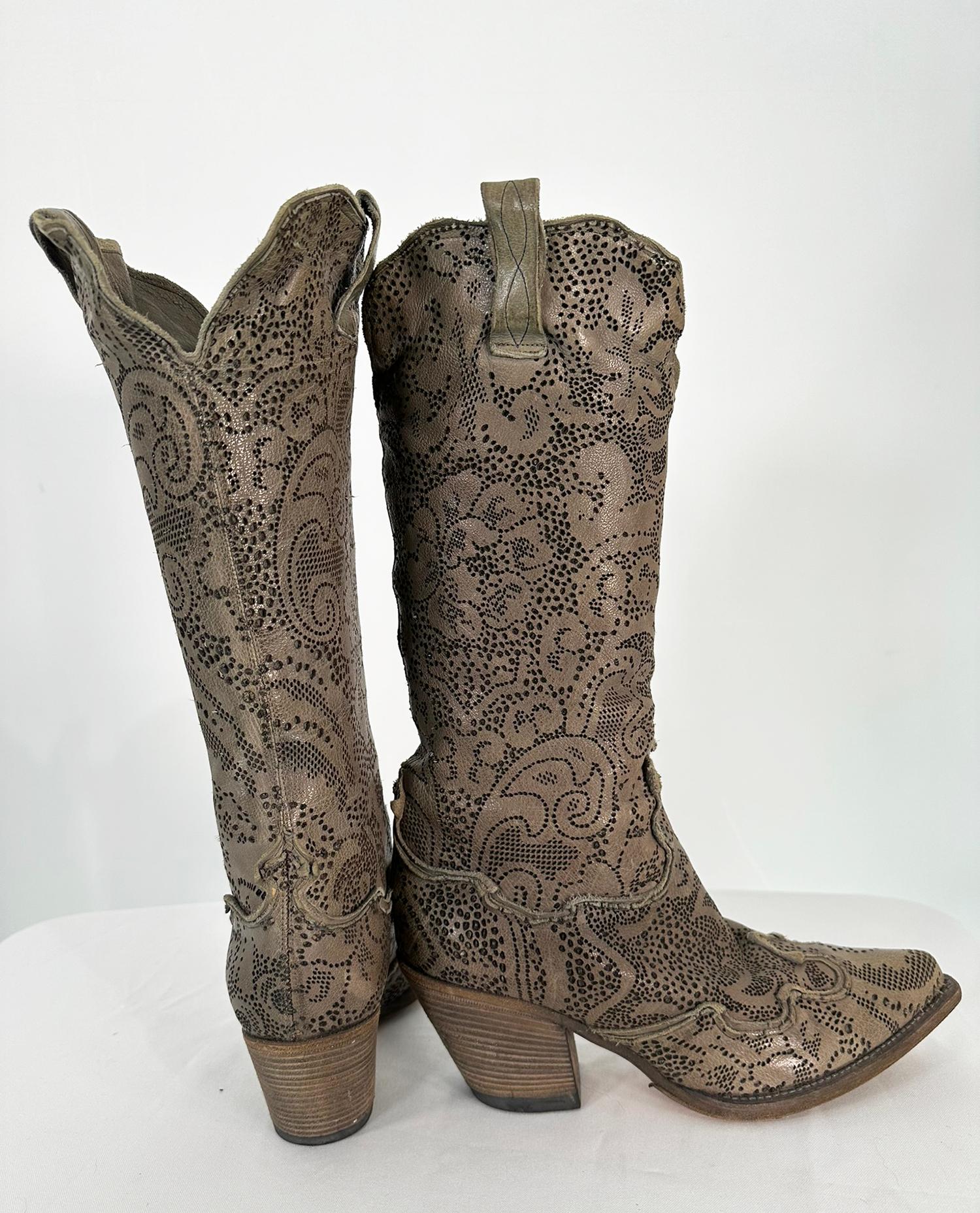Nando Mucci Grey Floral Lacy Leather Laser Cut Cowboy Boots 39 For Sale 6