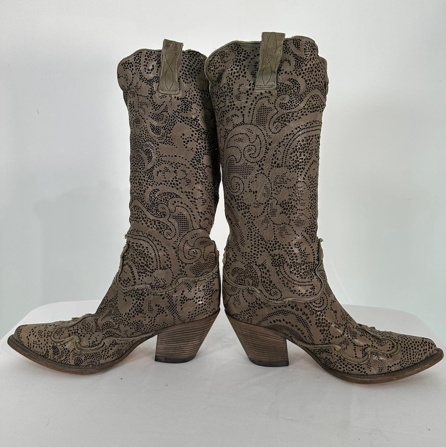Nando Mucci Grey Floral Lacy Leather Laser Cut Cowboy Boots 39 In Good Condition For Sale In West Palm Beach, FL