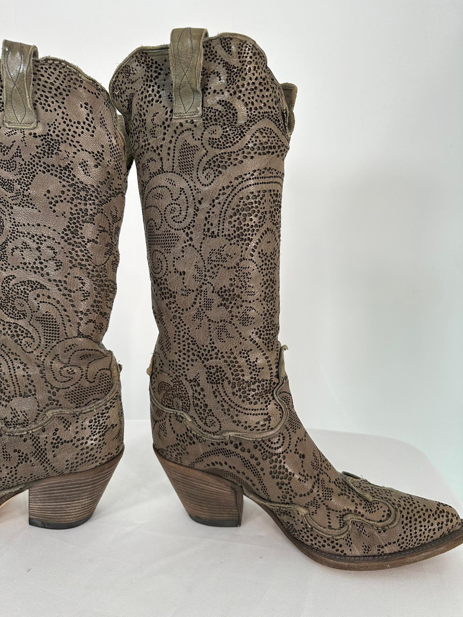 Nando Mucci Grey Floral Lacy Leather Laser Cut Cowboy Boots 39 For Sale 1