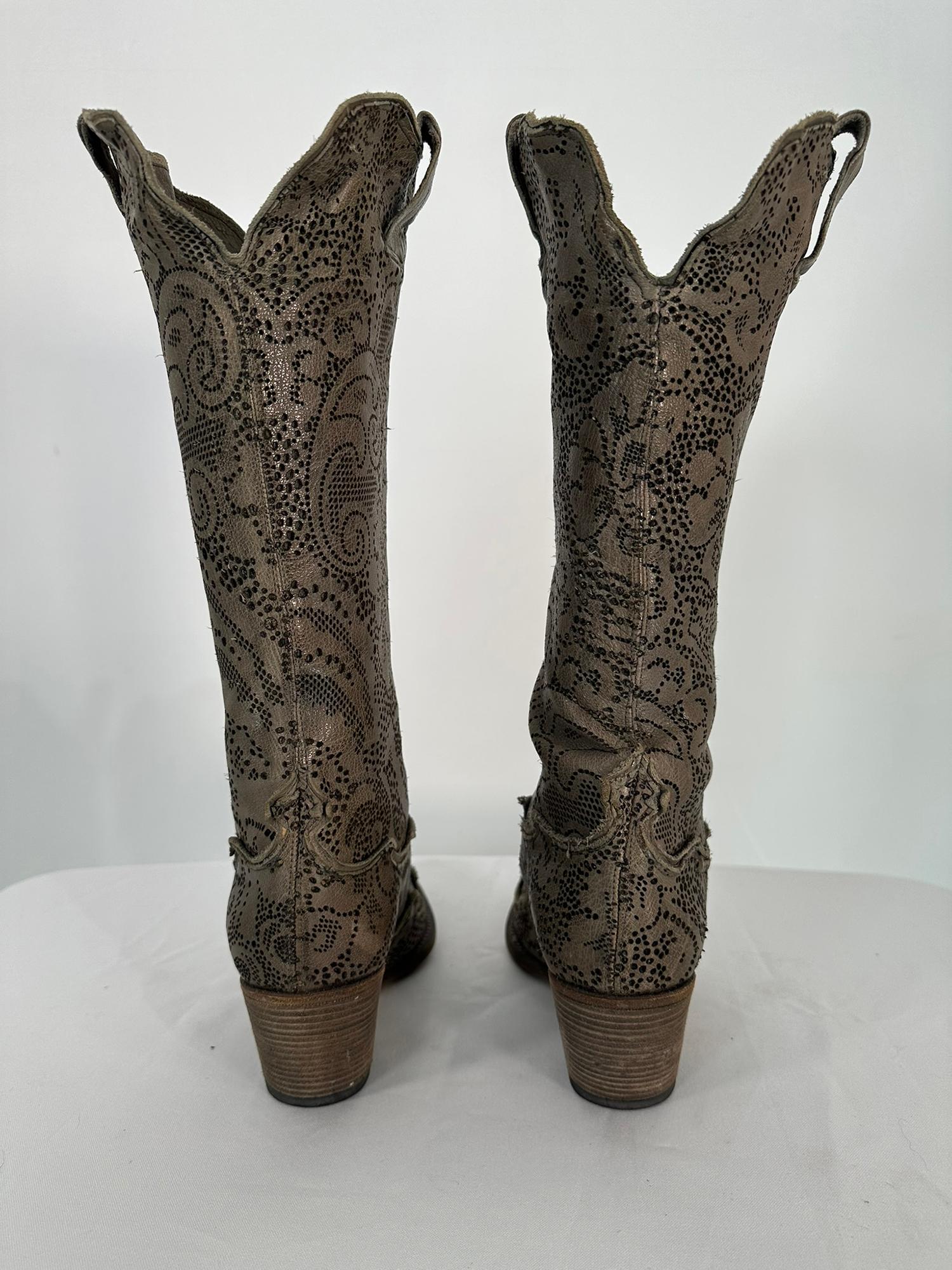 Nando Mucci Grey Floral Lacy Leather Laser Cut Cowboy Boots 39 For Sale 2