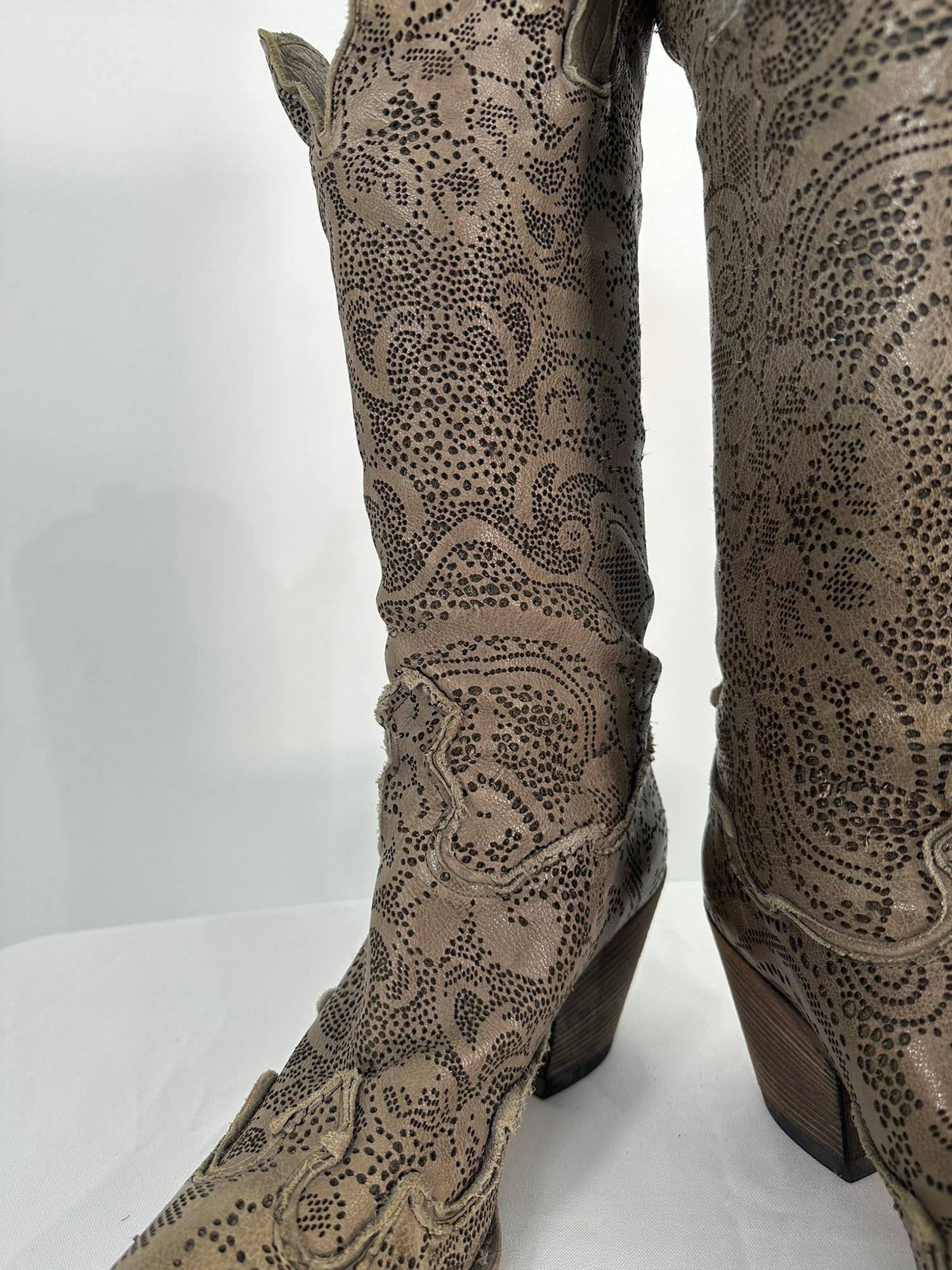Nando Mucci Grey Floral Lacy Leather Laser Cut Cowboy Boots 39 For Sale 3