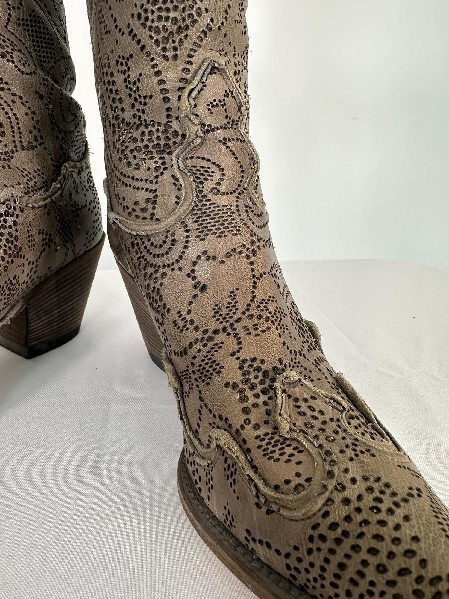 Nando Mucci Grey Floral Lacy Leather Laser Cut Cowboy Boots 39 For Sale 4