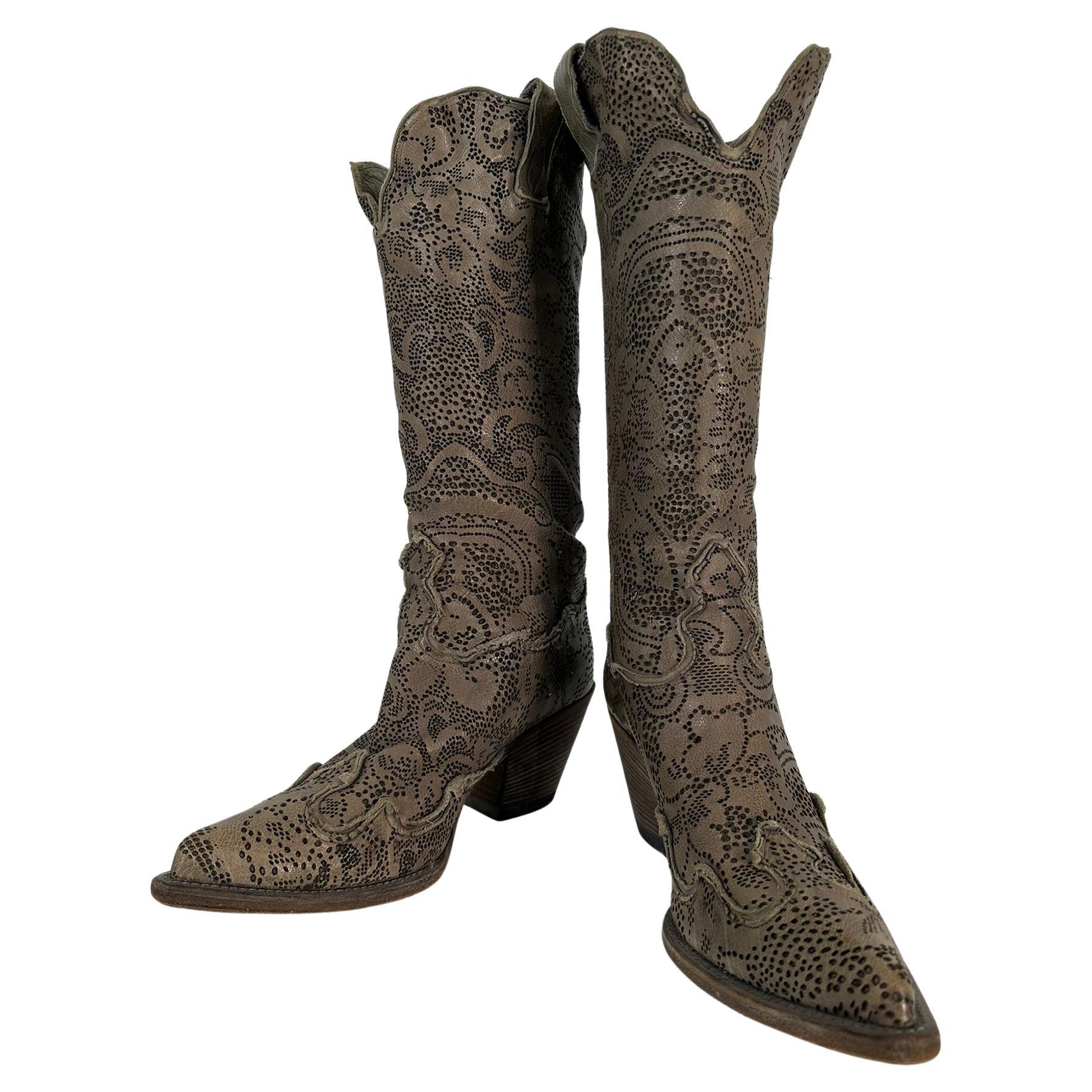 Nando Mucci Grey Floral Lacy Leather Laser Cut Cowboy Boots 39 For Sale