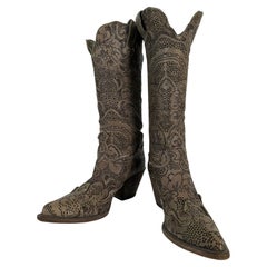 Used Nando Mucci Grey Floral Lacy Leather Laser Cut Cowboy Boots 39