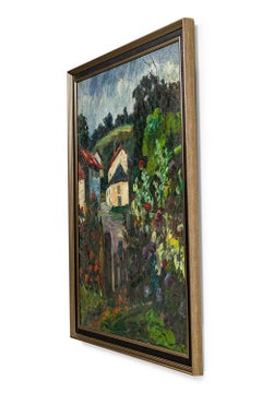 Paisaje de estilo «Mid-Century Modern», óleo sobre lienzo con una casa, firmado