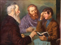 Vintage the Rabbi's Cheder Test Hungarian Judaica Oil Painting