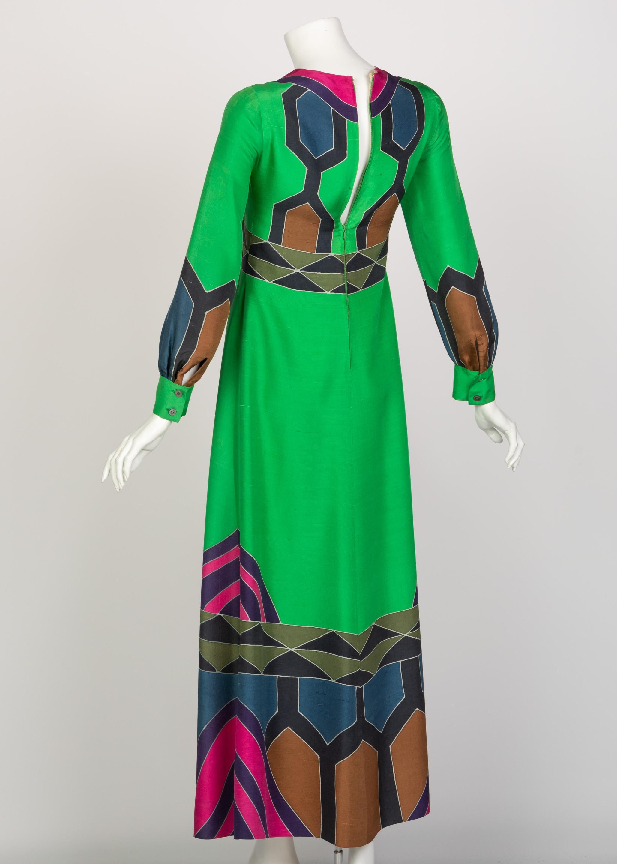 Nane French Couture Hand Painted Green Silk Maxi Dress, 1970s In Good Condition For Sale In Boca Raton, FL