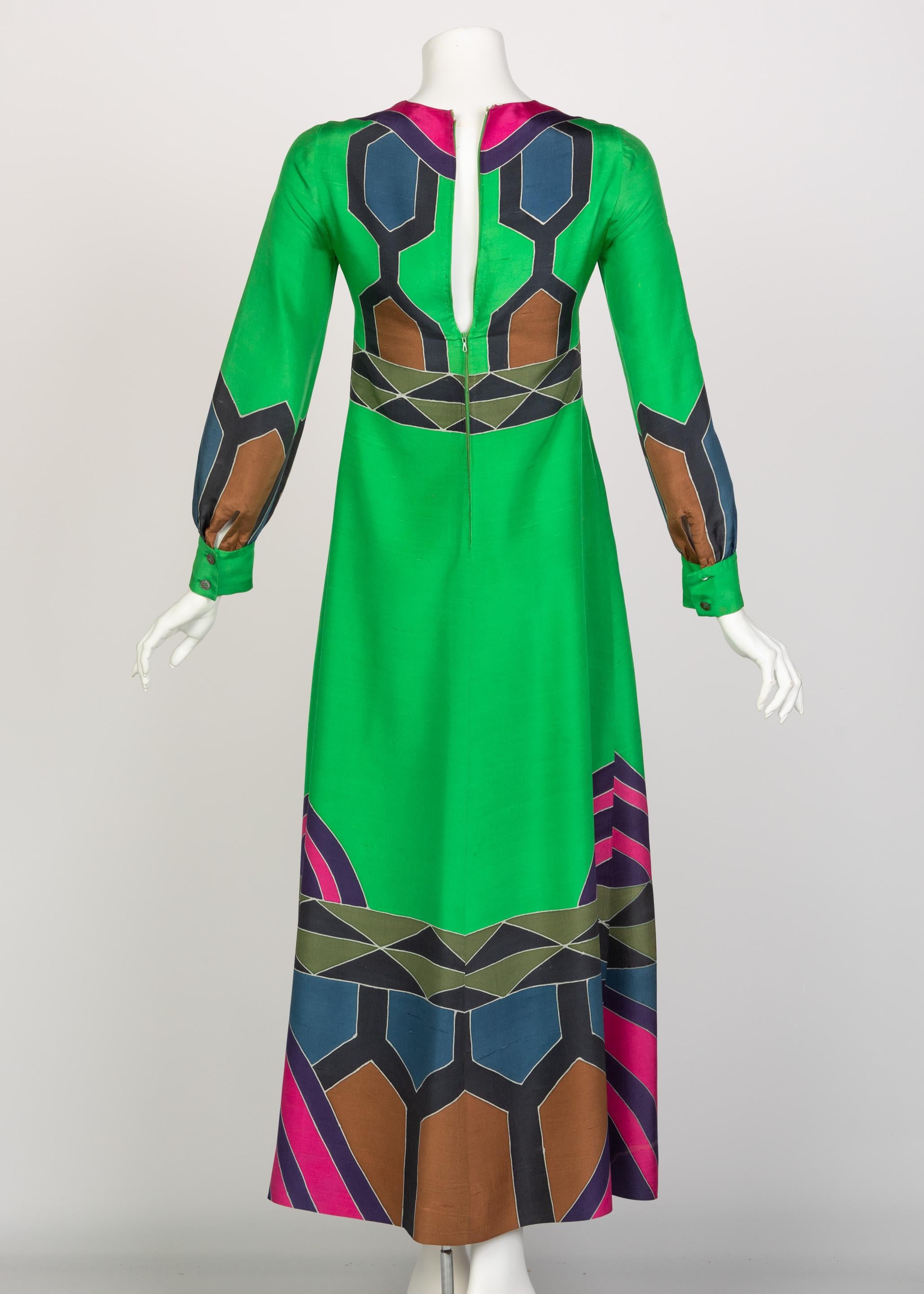 Women's Nane French Couture Hand Painted Green Silk Maxi Dress, 1970s For Sale