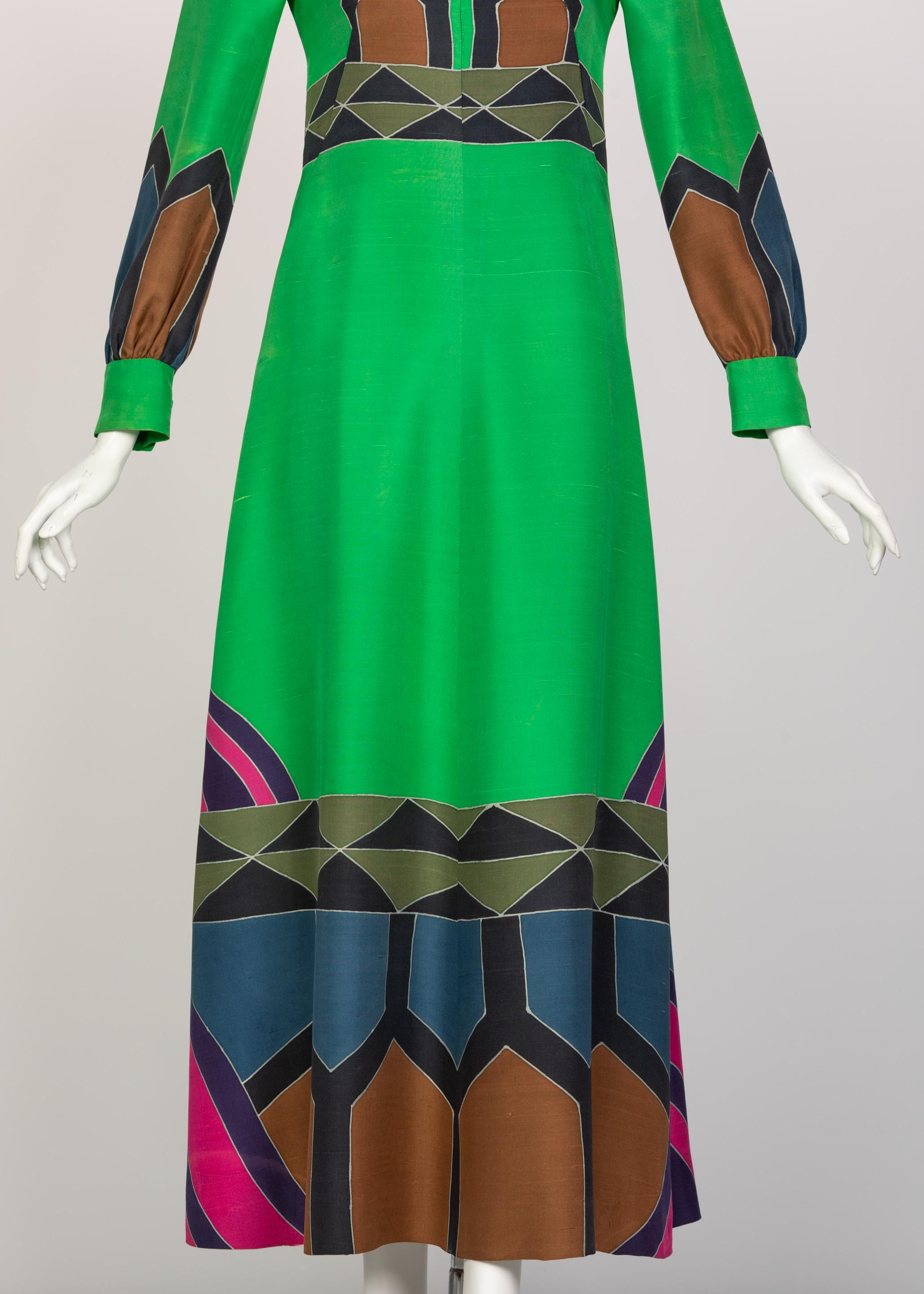 Nane French Couture Hand Painted Green Silk Maxi Dress, 1970s For Sale 2