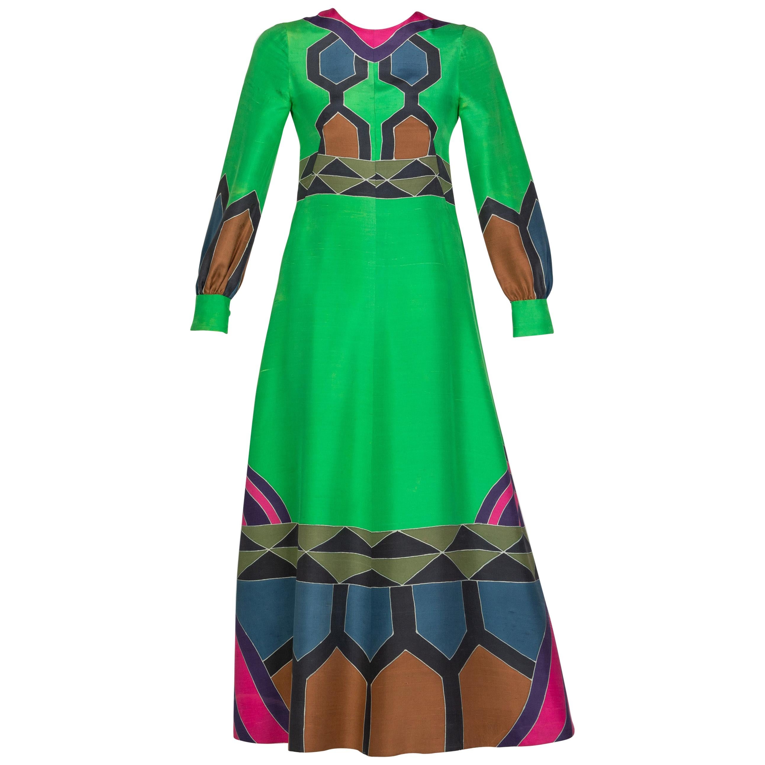 Nane French Couture Hand Painted Green Silk Maxi Dress, 1970s For Sale