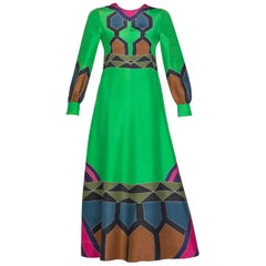 Nane French Couture Hand Painted Green Silk Maxi Dress, 1970s