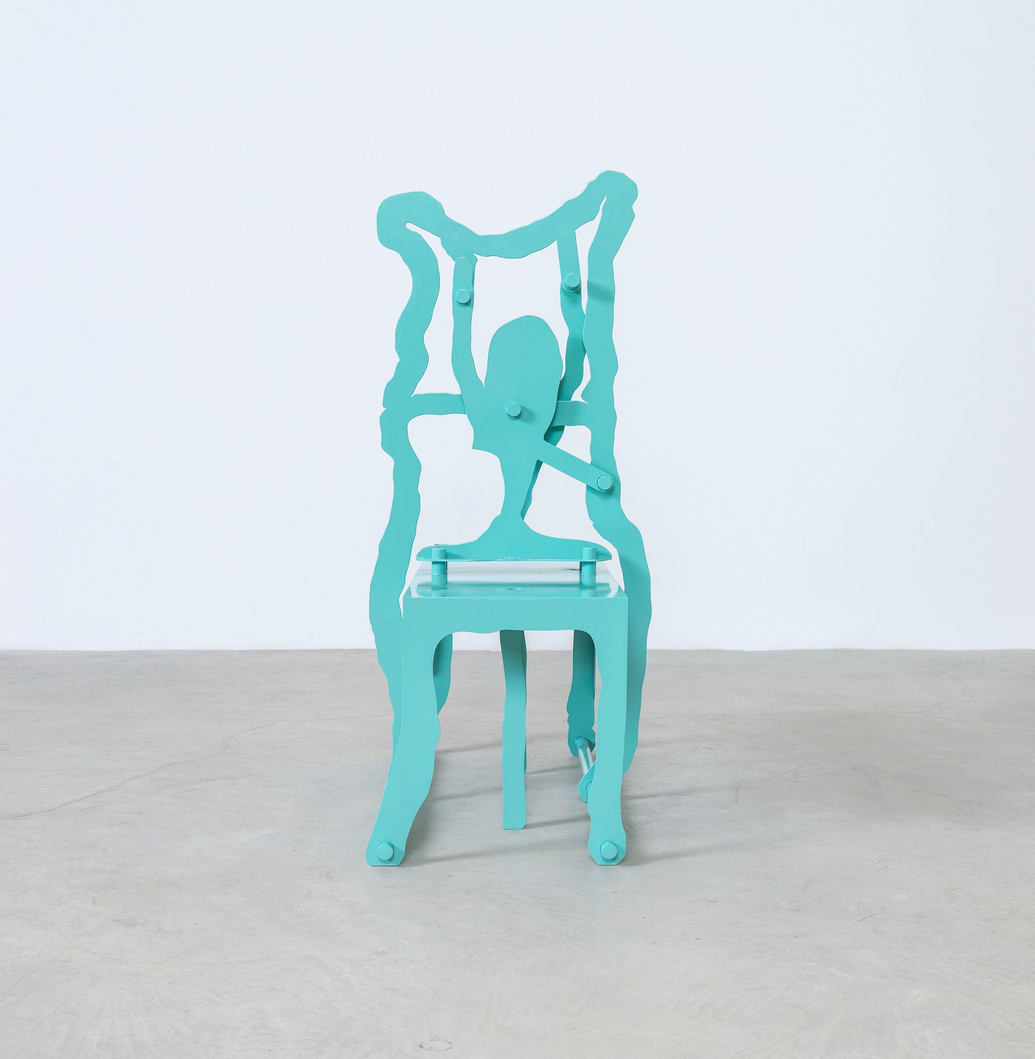 This chair was designed by Romanian artist Serban Ionescu for In Good Company. 

From impulse to measure, Ionescu scans through hundreds of his own sketches and drawings, searching for several shaped limbs or forms to stand out. He collages them