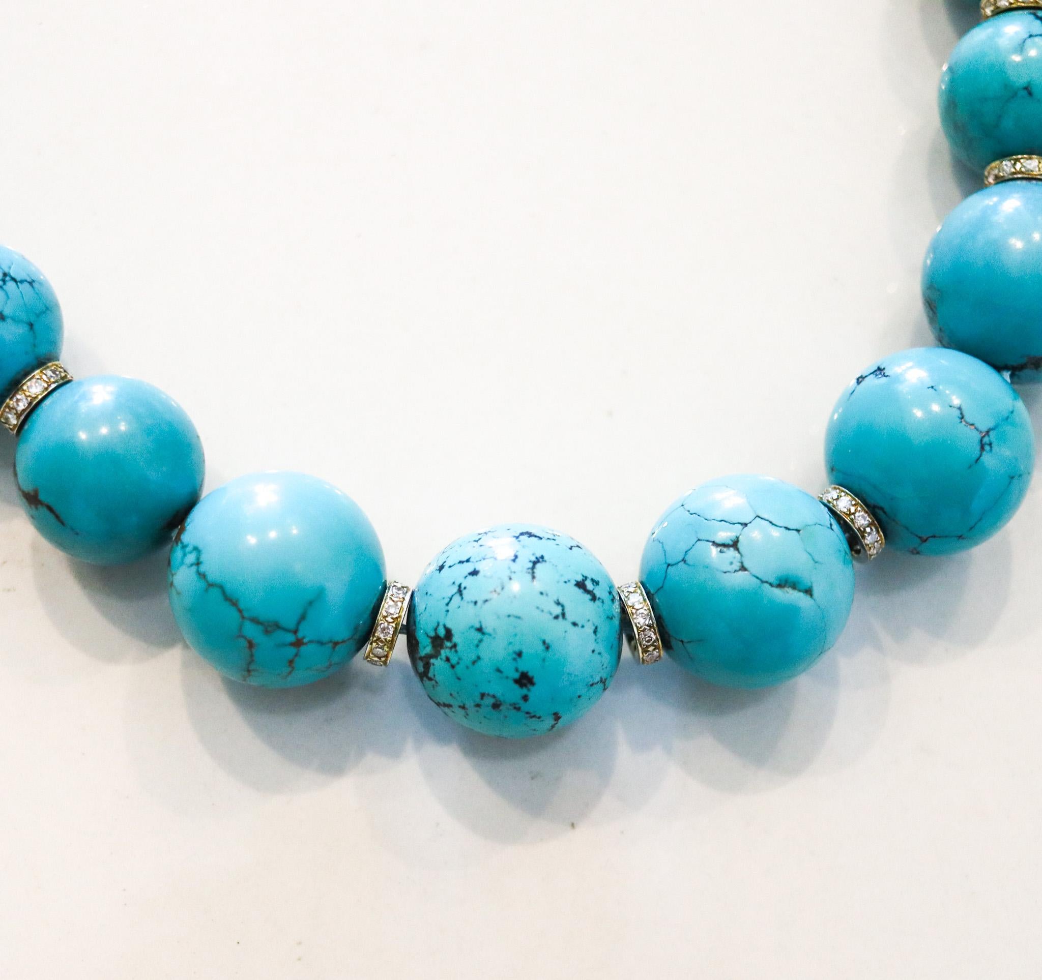 Graduated long turquoise necklace designed by Nani Cesare.

Fabulous statement long necklace, created in Alessandria Italy at the jewelry atelier of Nani Cesare, back in the 1970. This great necklace is composed by forty-two graduated beads of blue