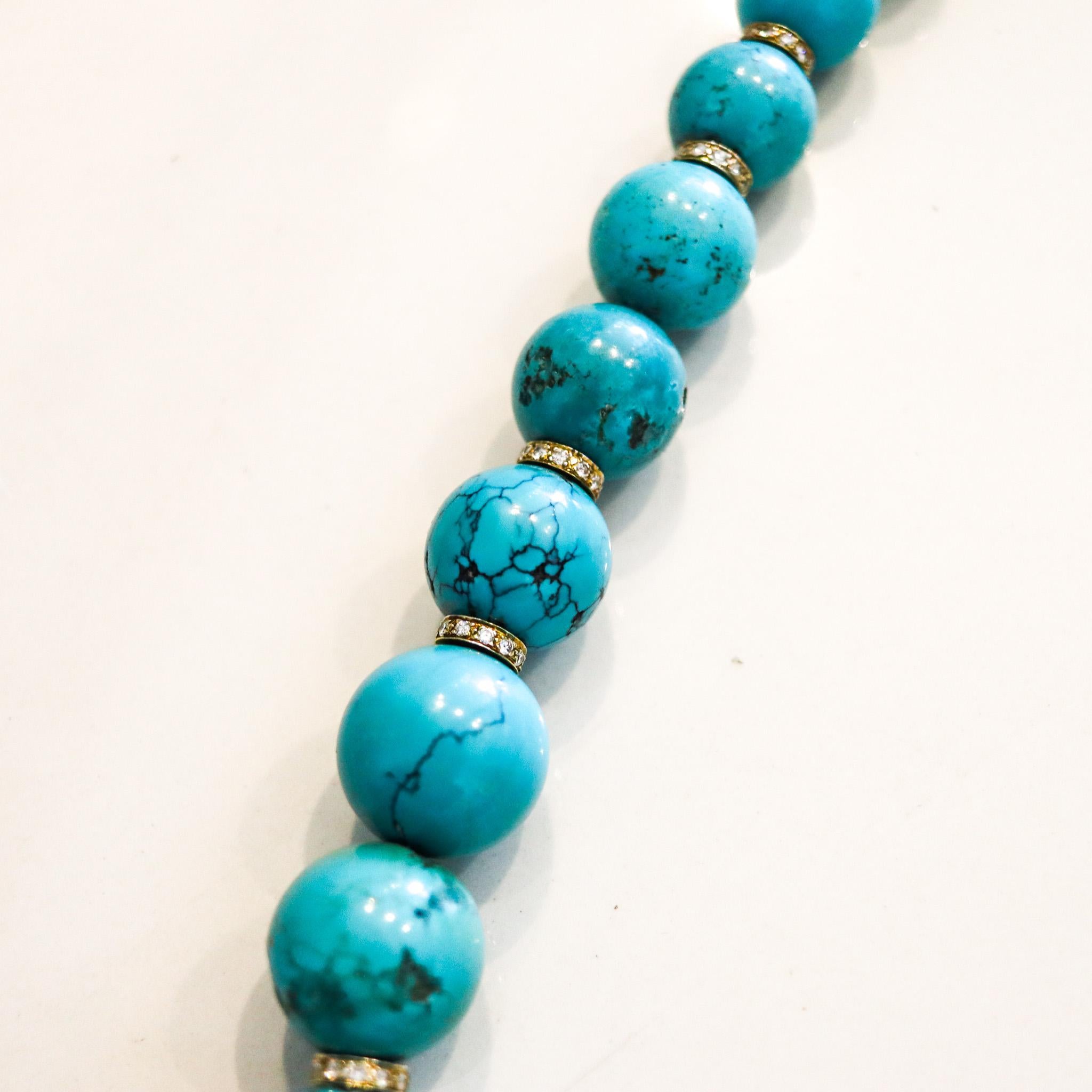 Nani Cesare Modernist Turquoise Long Necklace 18Kt Gold With 14.06 Ctw Diamonds In Excellent Condition For Sale In Miami, FL