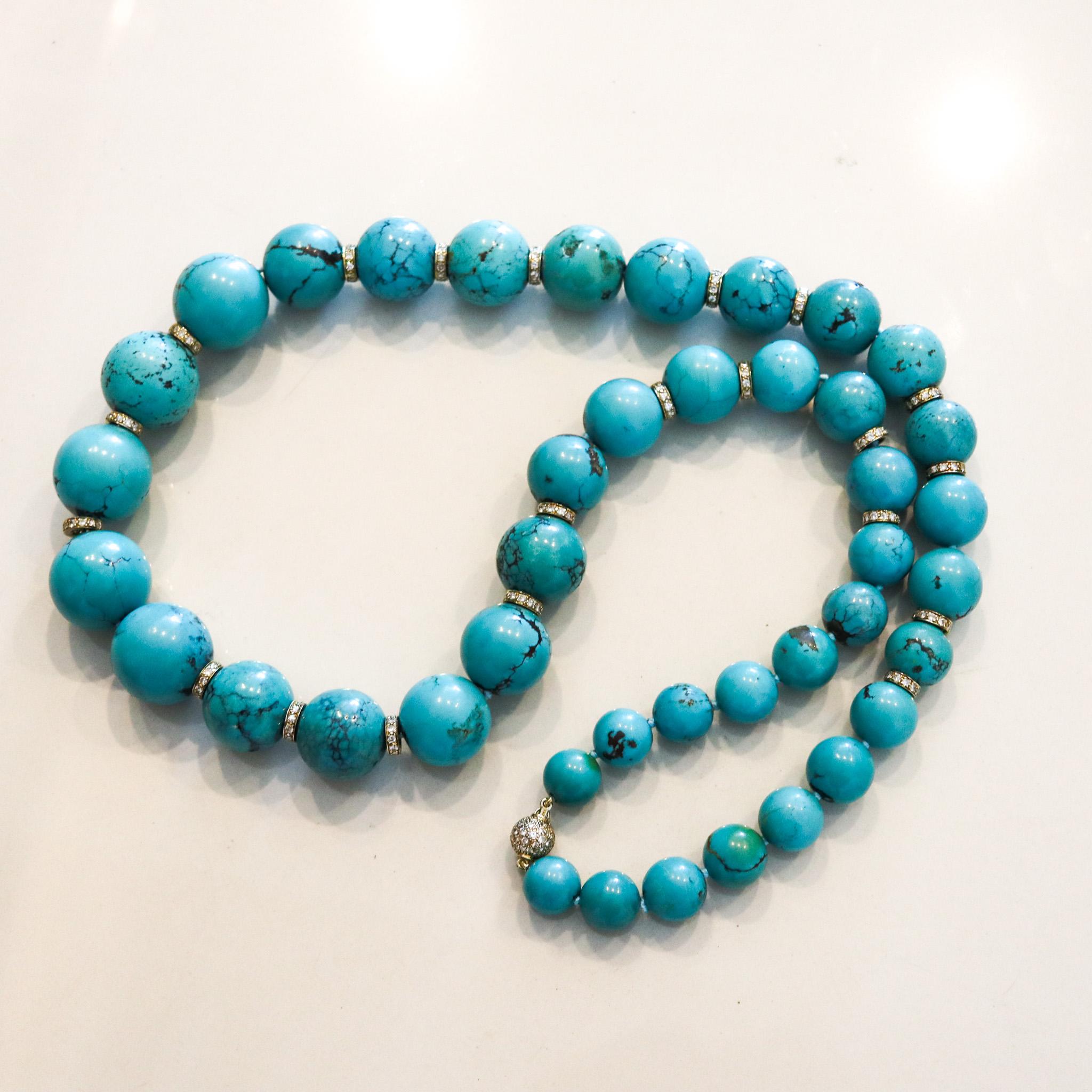Women's Nani Cesare Modernist Turquoise Long Necklace 18Kt Gold With 14.06 Ctw Diamonds For Sale