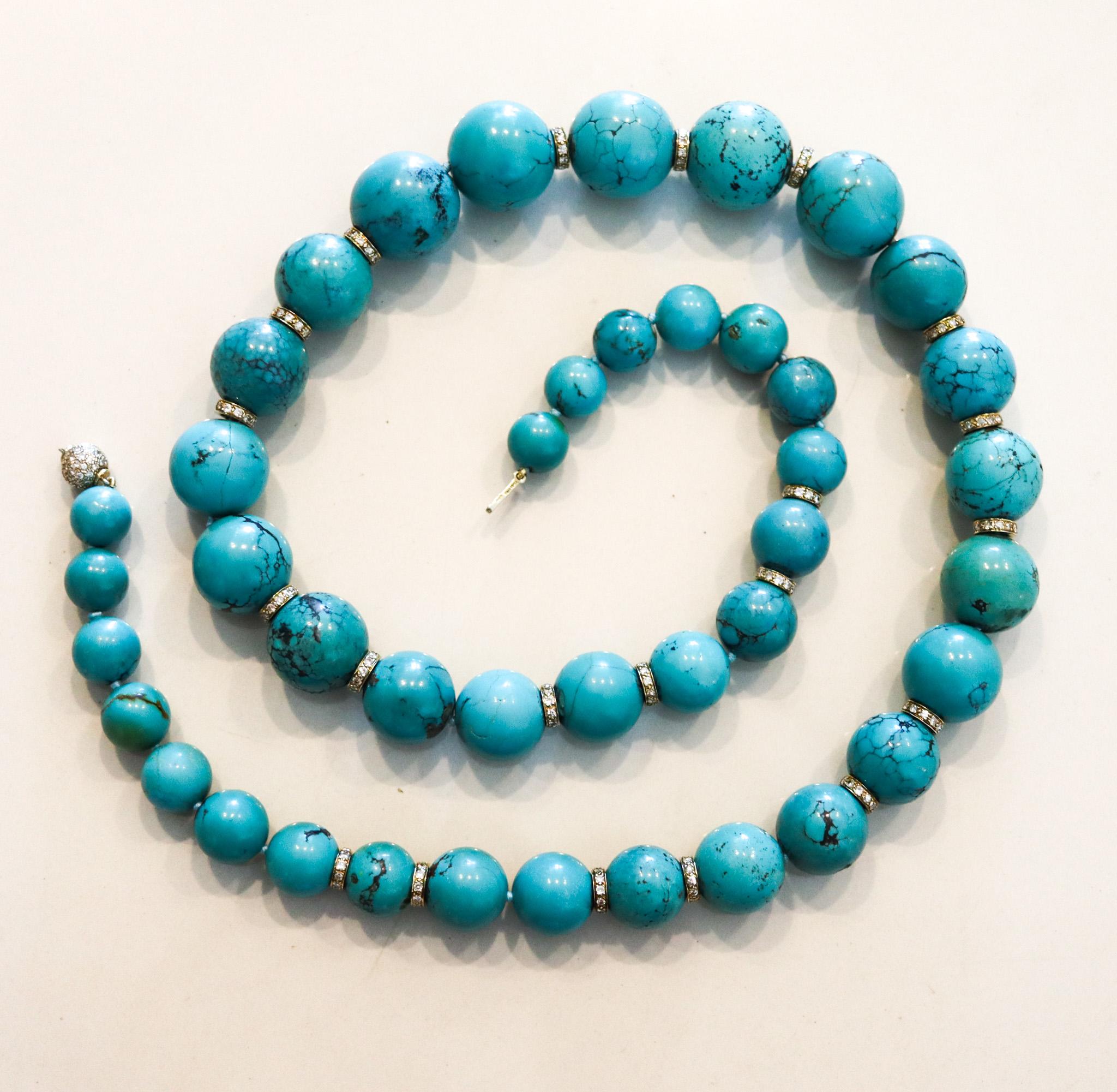 Nani Cesare Modernist Turquoise Long Necklace 18Kt Gold With 14.06 Ctw Diamonds For Sale 1