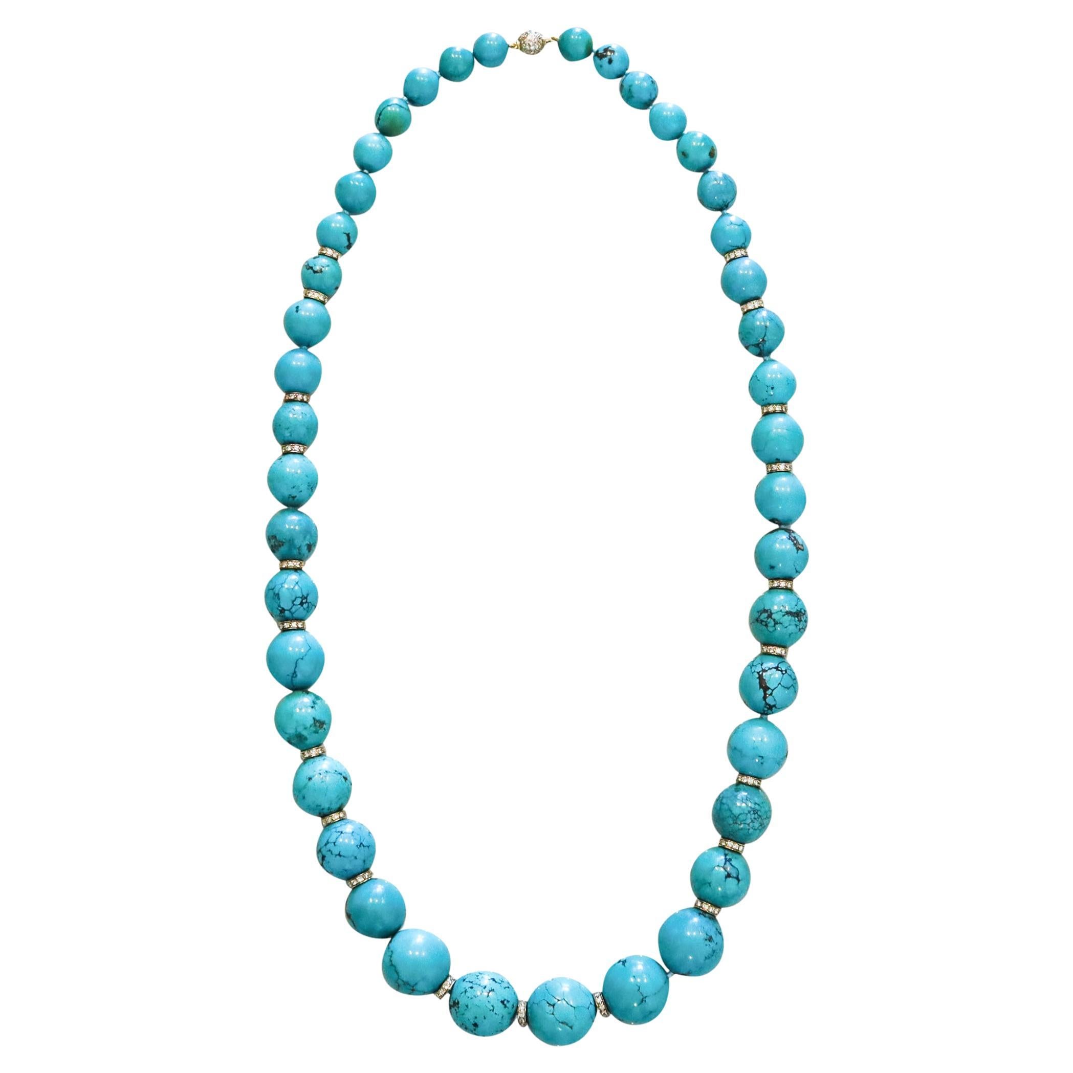 Nani Cesare Modernist Turquoise Long Necklace 18Kt Gold With 14.06 Ctw Diamonds For Sale