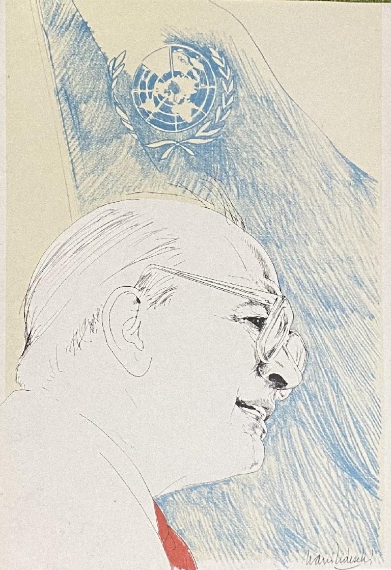 Craxi at the UN - Lithographie originale sur papier de Nani Tedeschi - 20e siècle