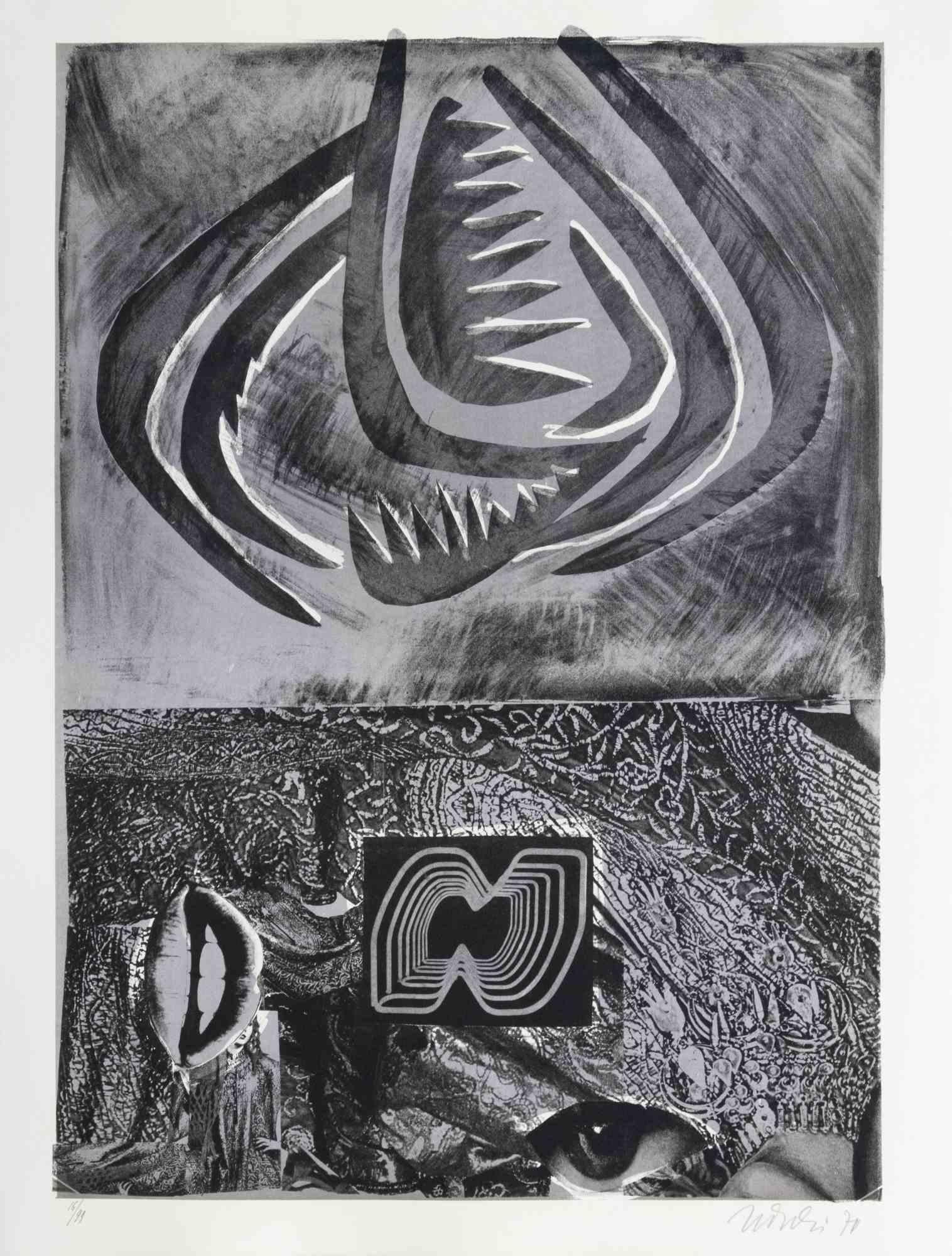 Tribal is a contemporary artwork realized by Nani Tedeschi in 1971.

Black and white lithograph.

Hand signed and dated on the lower margin.

Numbered on the lower margin.