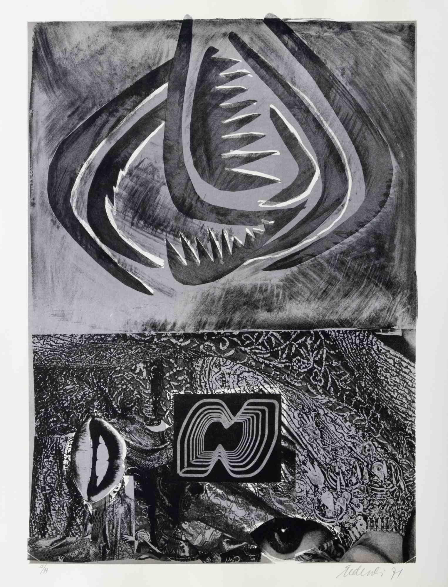 Tribal is a contemporary artwork realized by Nani Tedeschi in 1971.

Black and white lithograph.

Hand signed and dated on the lower margin.

Numbered on the lower margin.

Edition of 15/99.