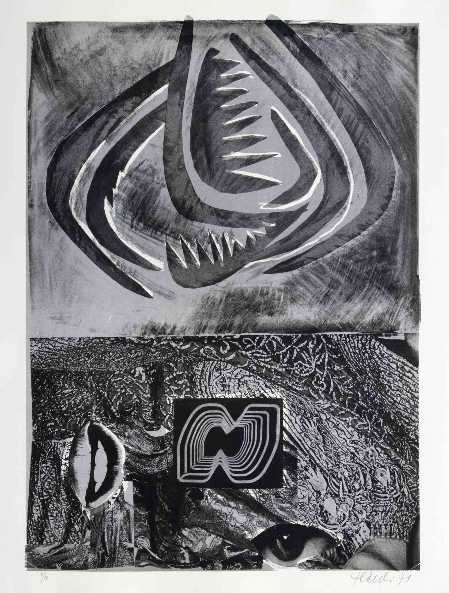 Tribal is an contemporary artwork realized by Nani Tedeschi in 1971.

Black and white lithograph.

Hand signed and dated on the lower margin.

Numbered on the lower margin.