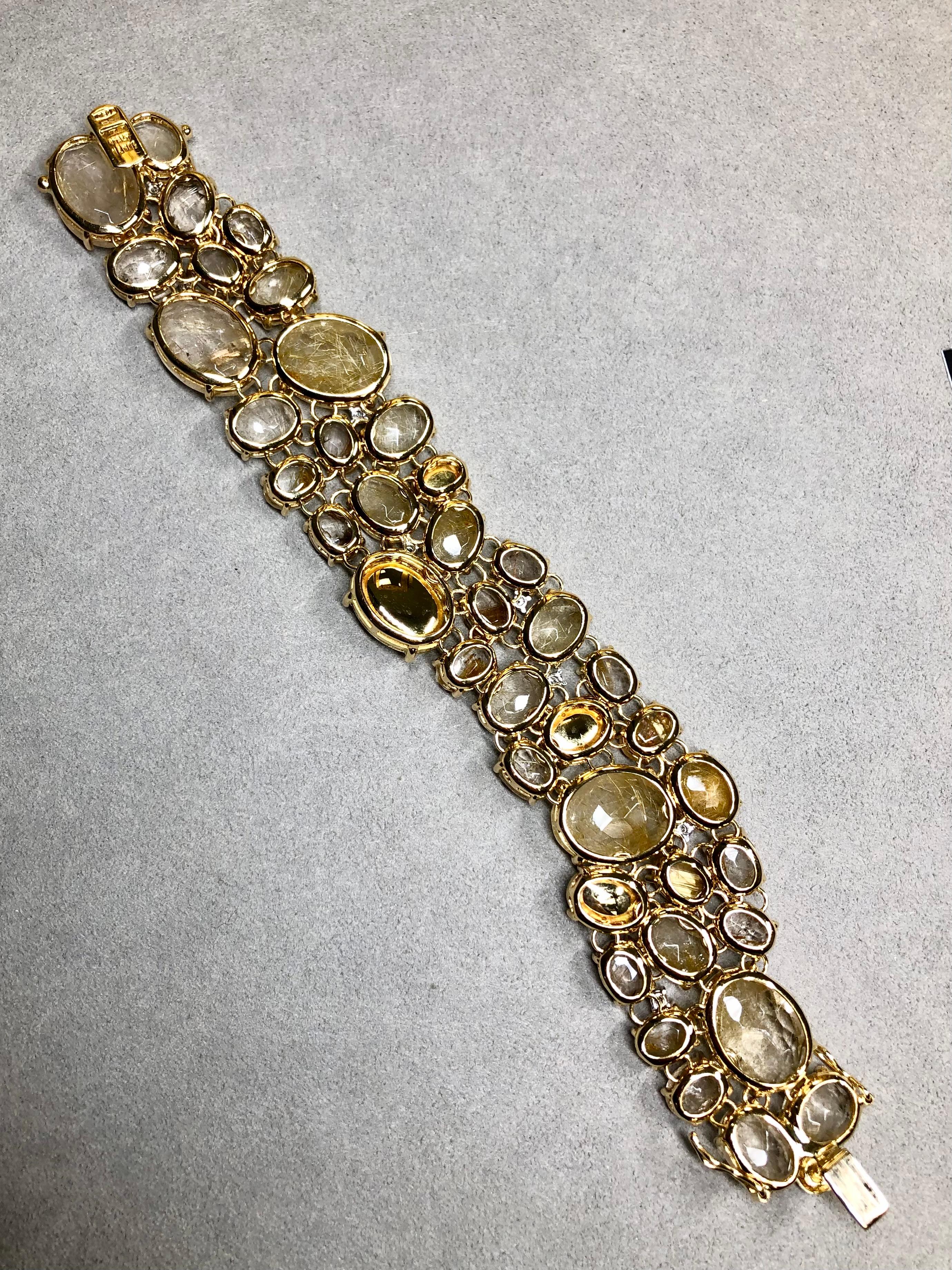 Taglio ovale Nanis IPANEMA Bracciale italiano largo con diamanti in quarzo rutilato 18 carati da 6,50 pollici in vendita