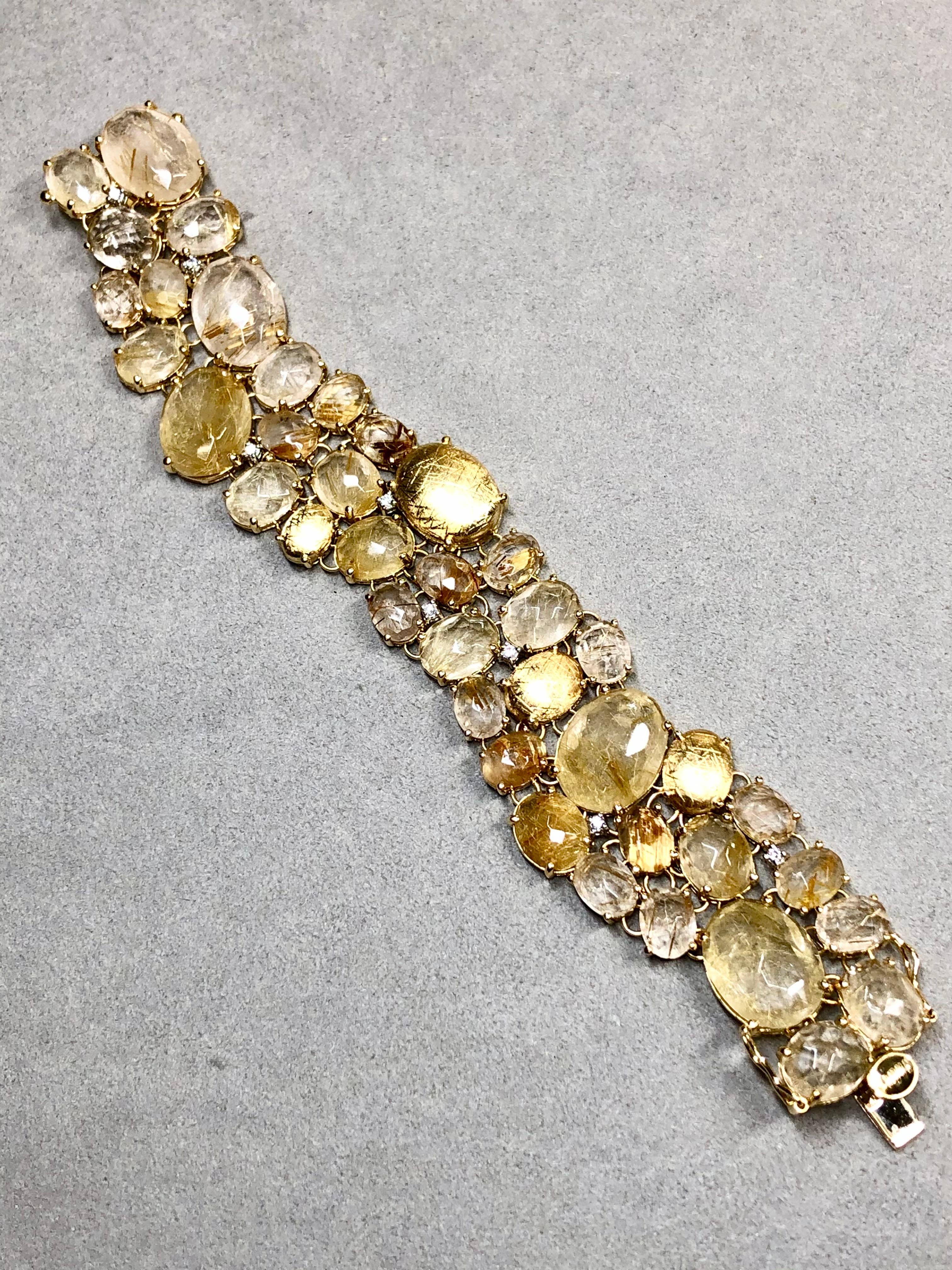 Nanis IPANEMA Bracciale italiano largo con diamanti in quarzo rutilato 18 carati da 6,50 pollici In condizioni ottime in vendita a Winter Springs, FL