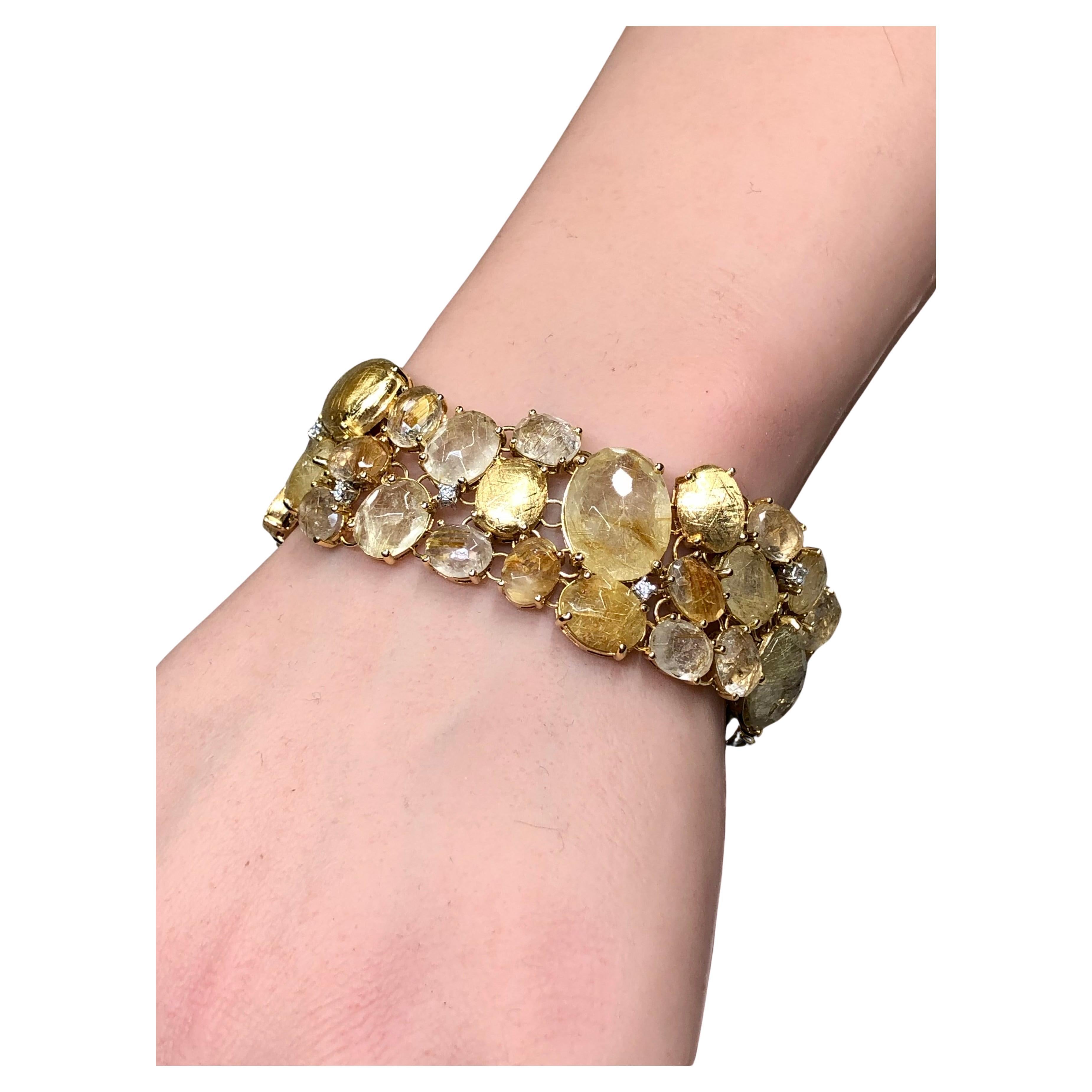 Nanis IPANEMA Bracciale italiano largo con diamanti in quarzo rutilato 18 carati da 6,50 pollici in vendita