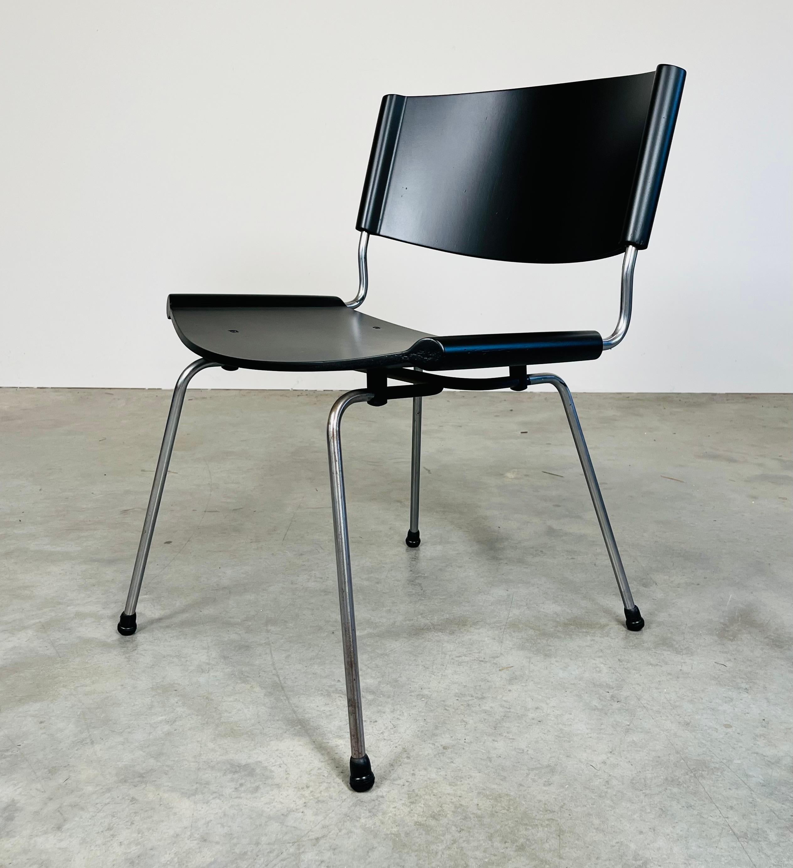 A comfortable steel and black lacquered walnut chair designed by Nanna and Jorgen Ditzel for Kolds Savvaerk. -Denmark 1960s
In very good condition having typical patina to the steel legs. Solid and very comfortable. 
28.5x20x21.5” HWD