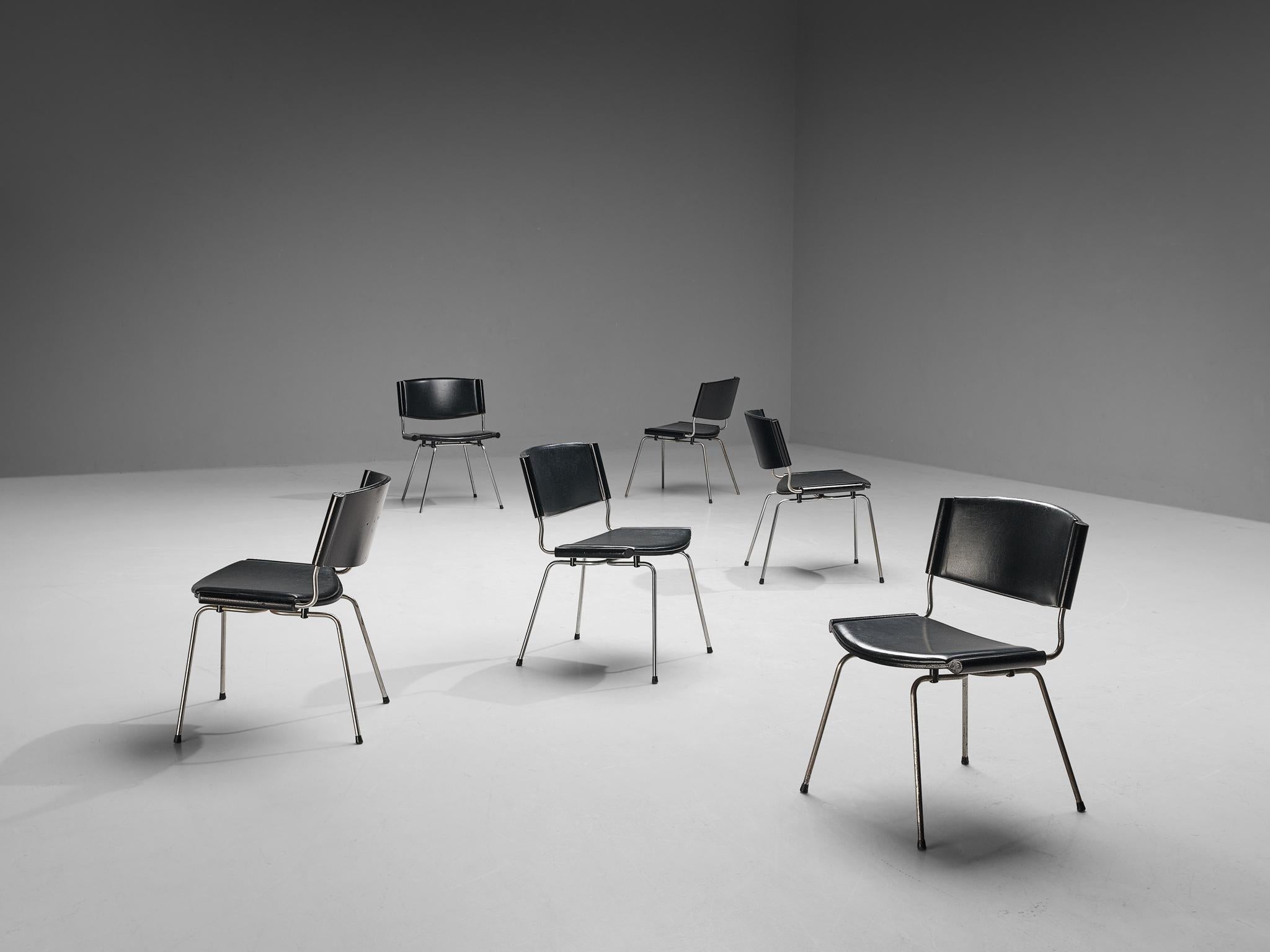 Nanna Ditzel, 'Badminton' chairs, steel, leather, wood, Denmark, design 1958, production 1960s.

This set of six chairs by Nanna Ditzel and Jørgen Ditzel were designed in 1958, originally for the Glostrup County Hospital near Copenhagen were they