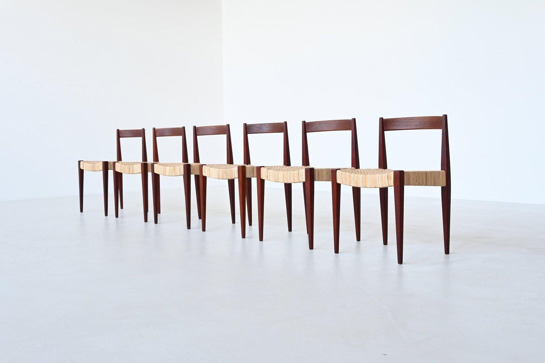 Elegantly crafted set of six dining chairs model 113 designed by Nanna & Jørgen Ditzel for Poul Kolds Savvaerk, Denmark 1955. These stunning chairs are a perfect representation of Danish mid-century modern design, featuring elegantly curved teak
