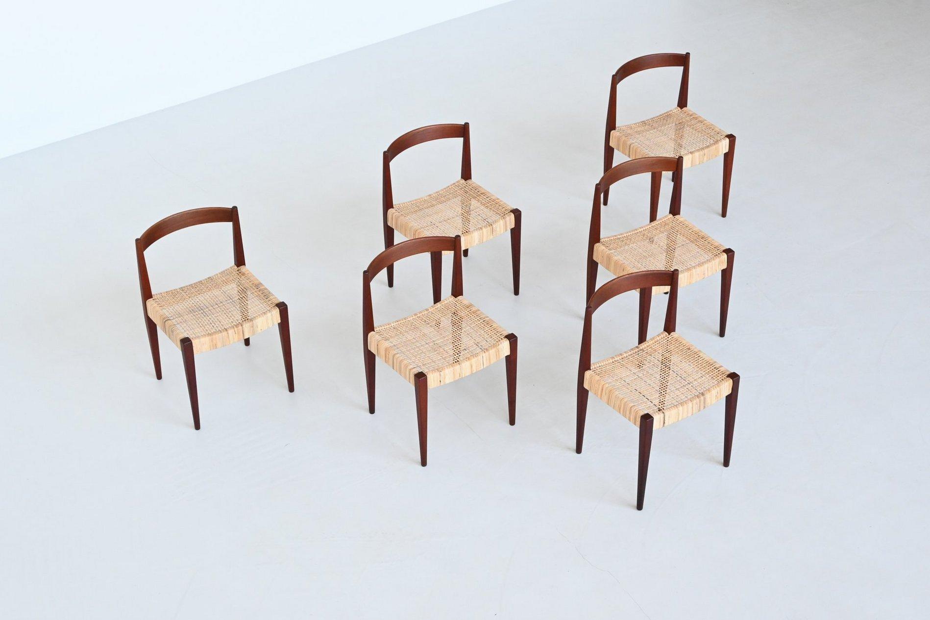 Danish Nanna Ditzel # 110 dining chairs in teak and cane Kolds Savvaerk Denmark 1955