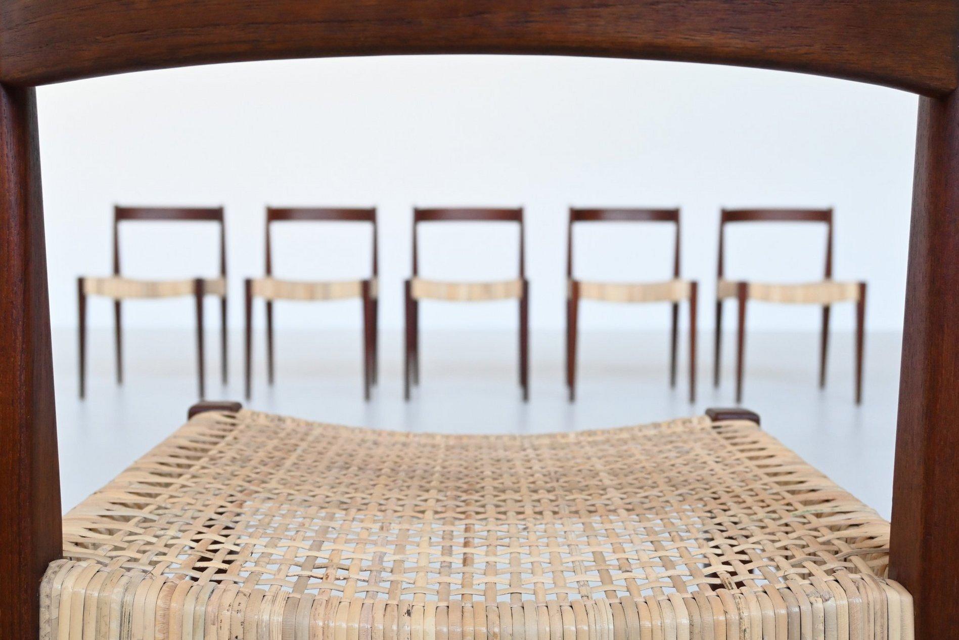 Mid-20th Century Nanna Ditzel # 110 dining chairs in teak and cane Kolds Savvaerk Denmark 1955