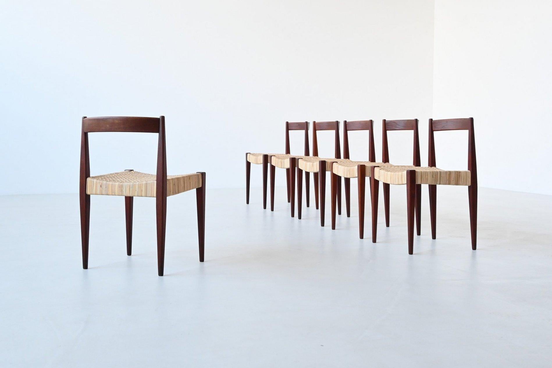 Nanna Ditzel # 110 dining chairs in teak and cane Kolds Savvaerk Denmark 1955 1