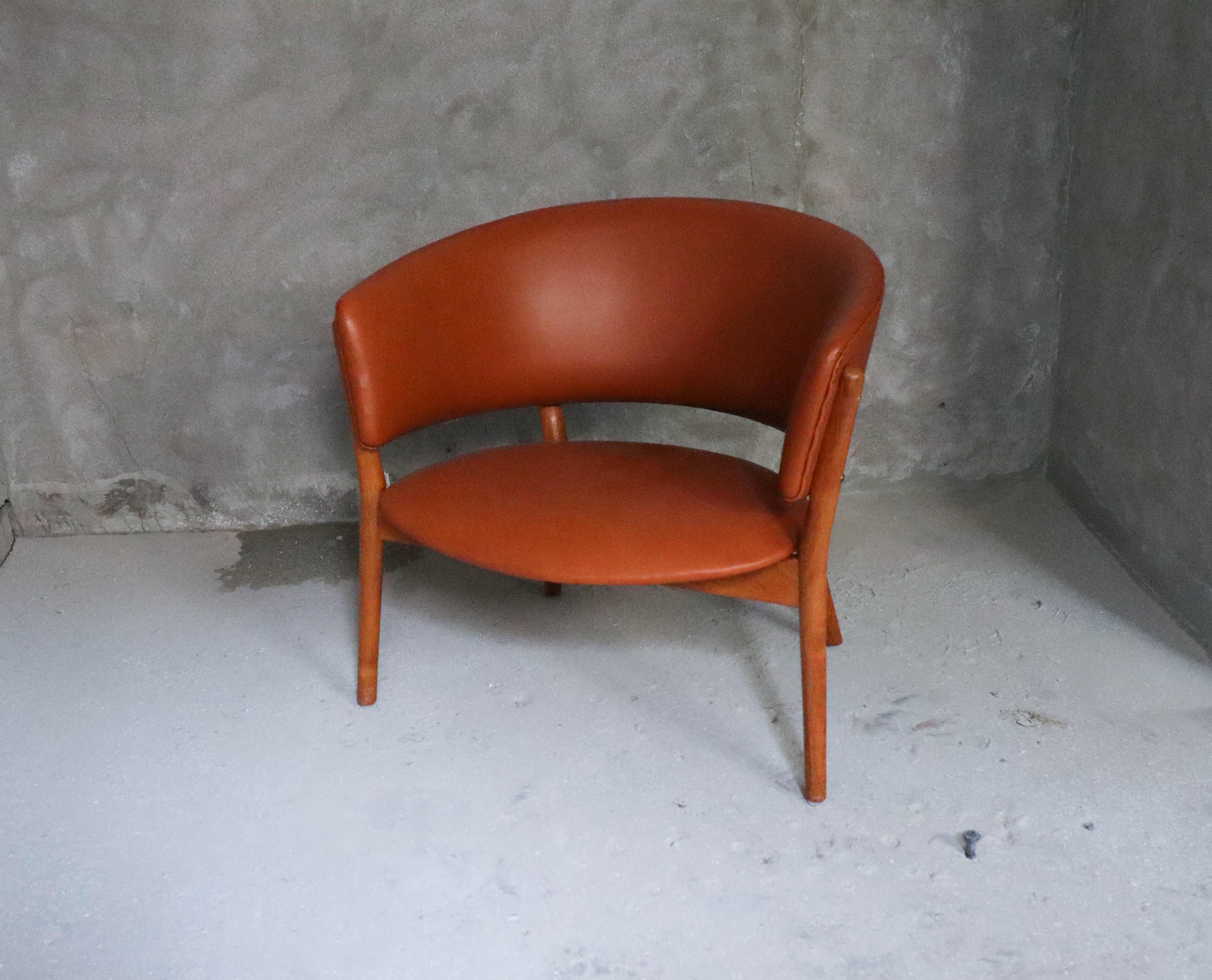 Scandinavian Modern Nanna Ditzel, Lounge Chair Brown Cognac Leather - Midcentury Scandinavian 
