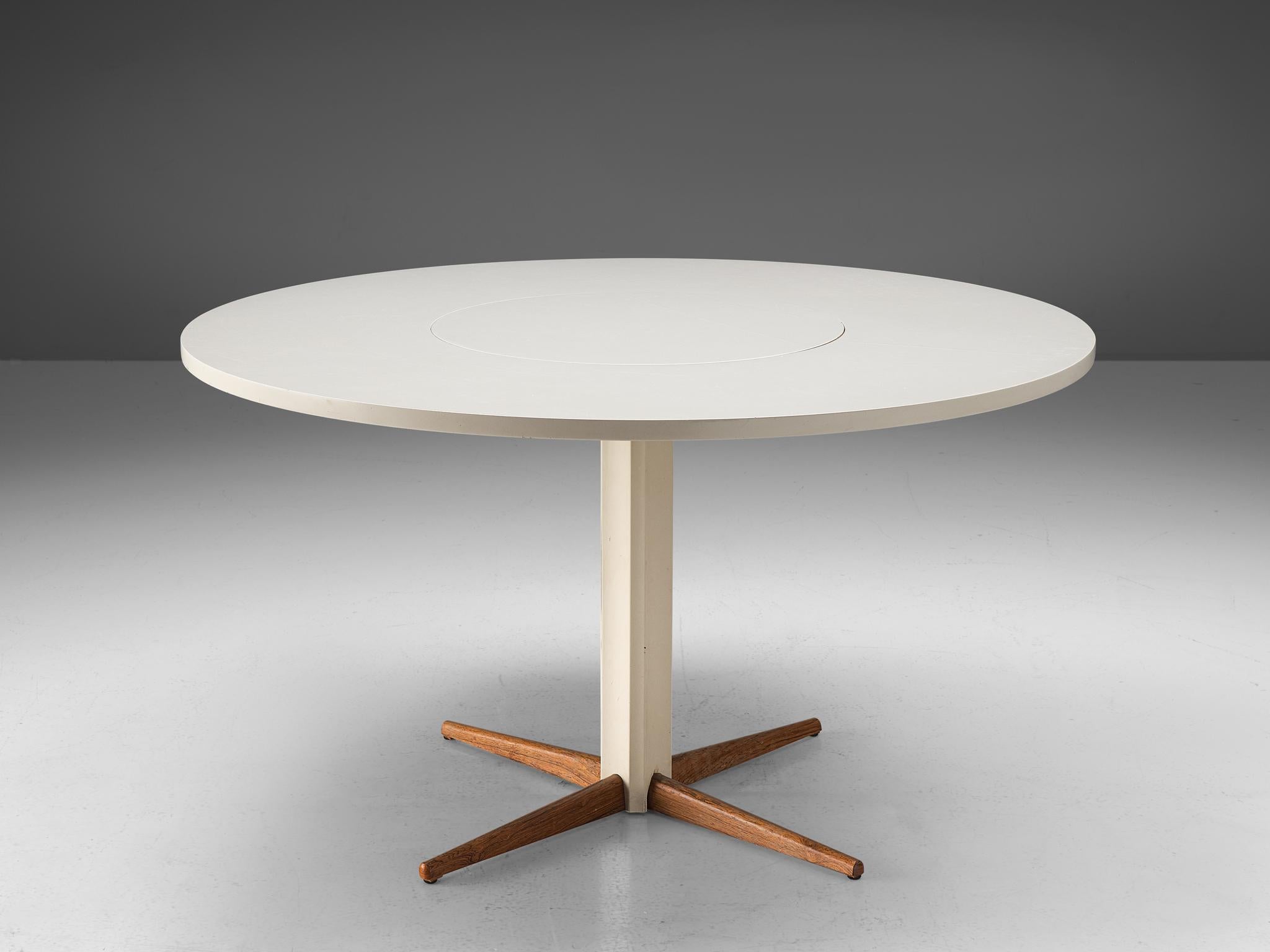 Nanna Ditzel for Kolds Savvaerk, pedestal table, wood, Denmark, 1950s

This elegant table has a slim base, well made with four tapered legs in solid wood. As the rest of the table is laquered white and the four legs show their natural wooden