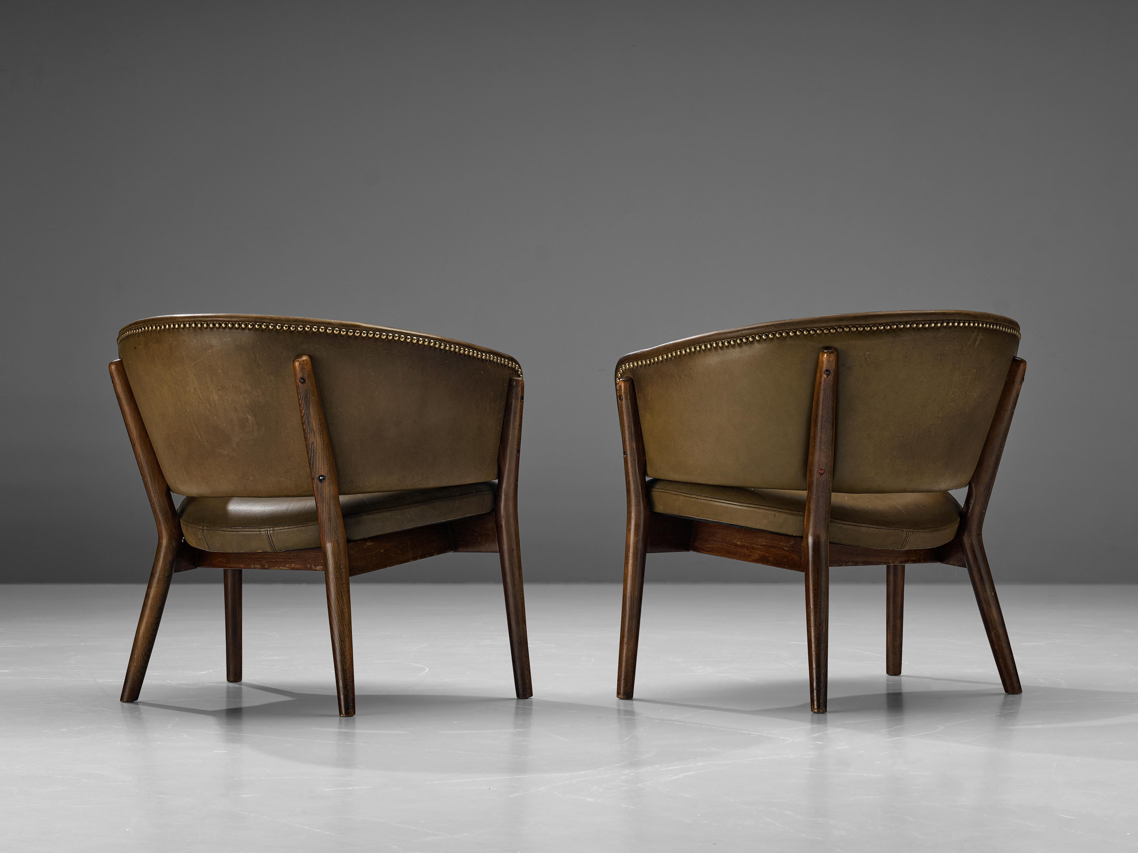 Mid-20th Century Nanna Ditzel Pair of Two Lounge Chairs in Original Green Leather