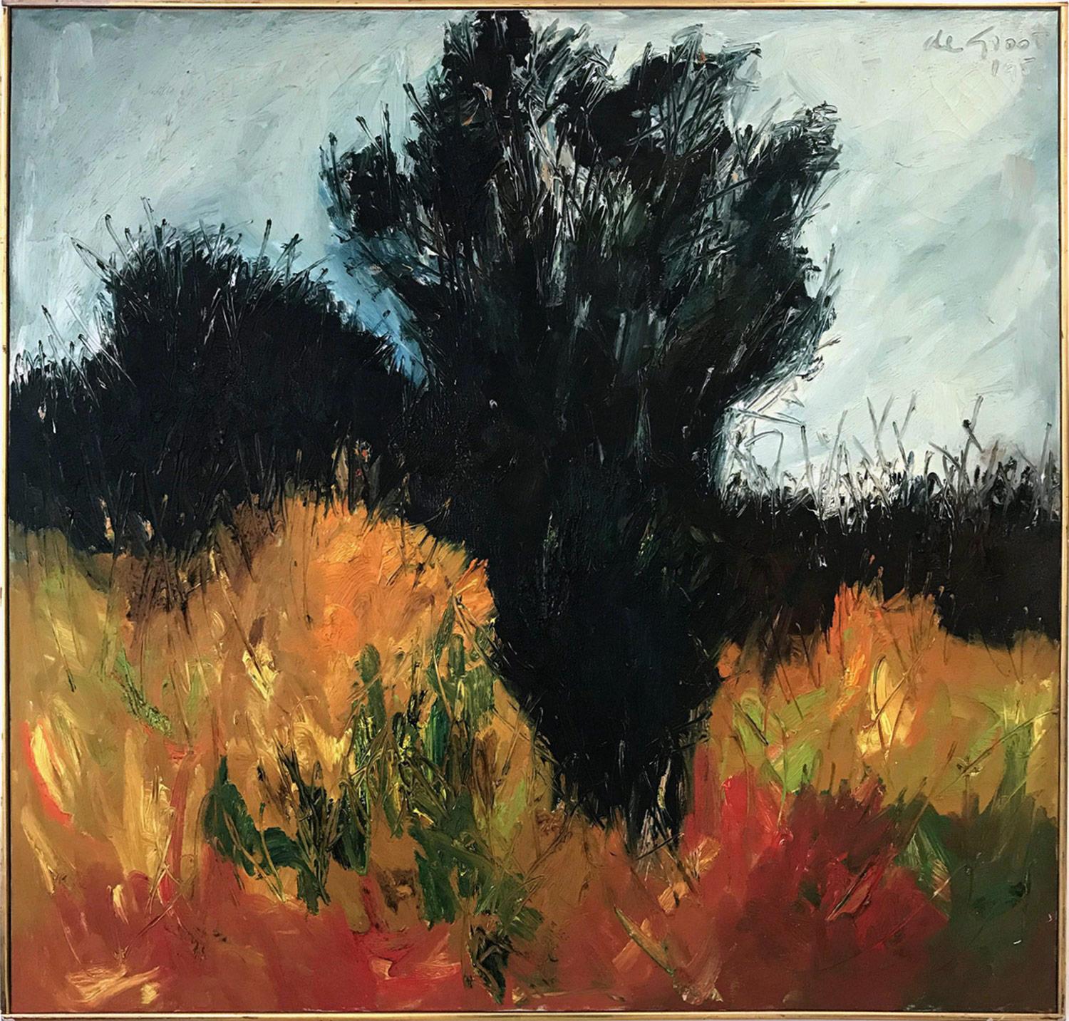 Landscape Painting de Nanno de Groot - "Paisaje exuberante en otoño" Pintura al óleo moderna de mediados de siglo sobre lienzo Enmarcada