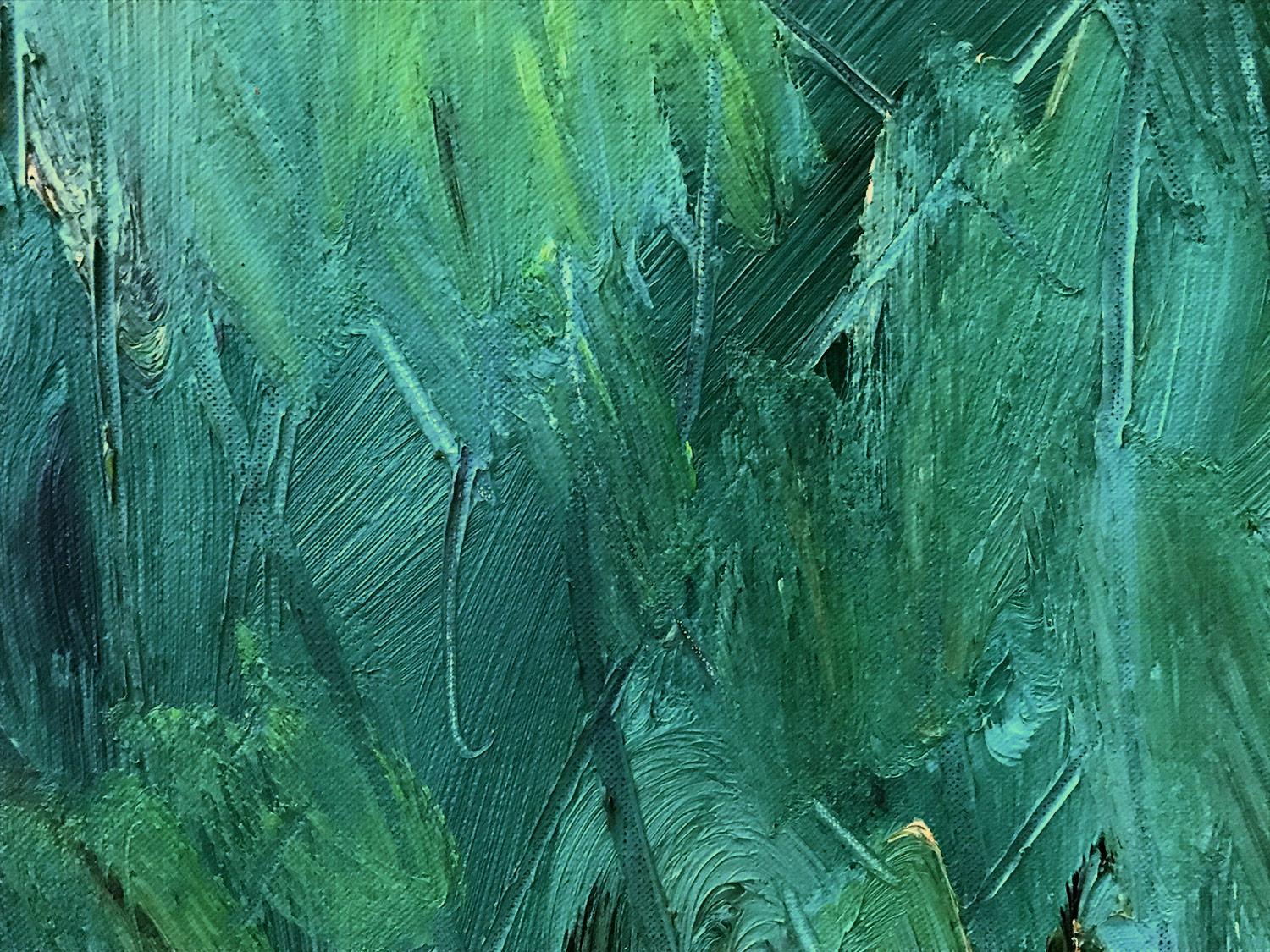 « Paysage luxuriant avec des verts et des bleus » - Peinture à l'huile moderne du milieu du siècle sur toile en vente 6