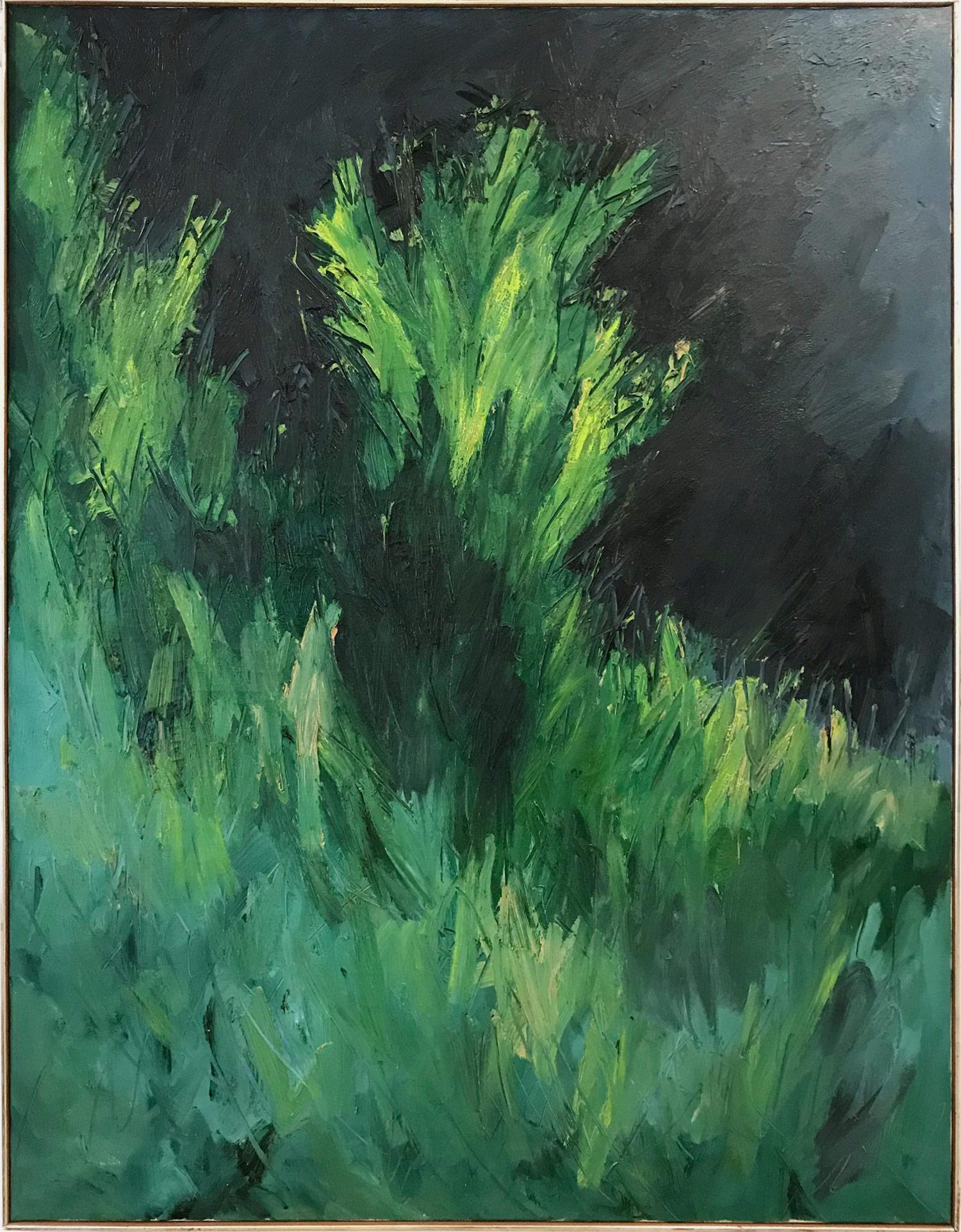 « Paysage luxuriant avec des verts et des bleus » - Peinture à l'huile moderne du milieu du siècle sur toile