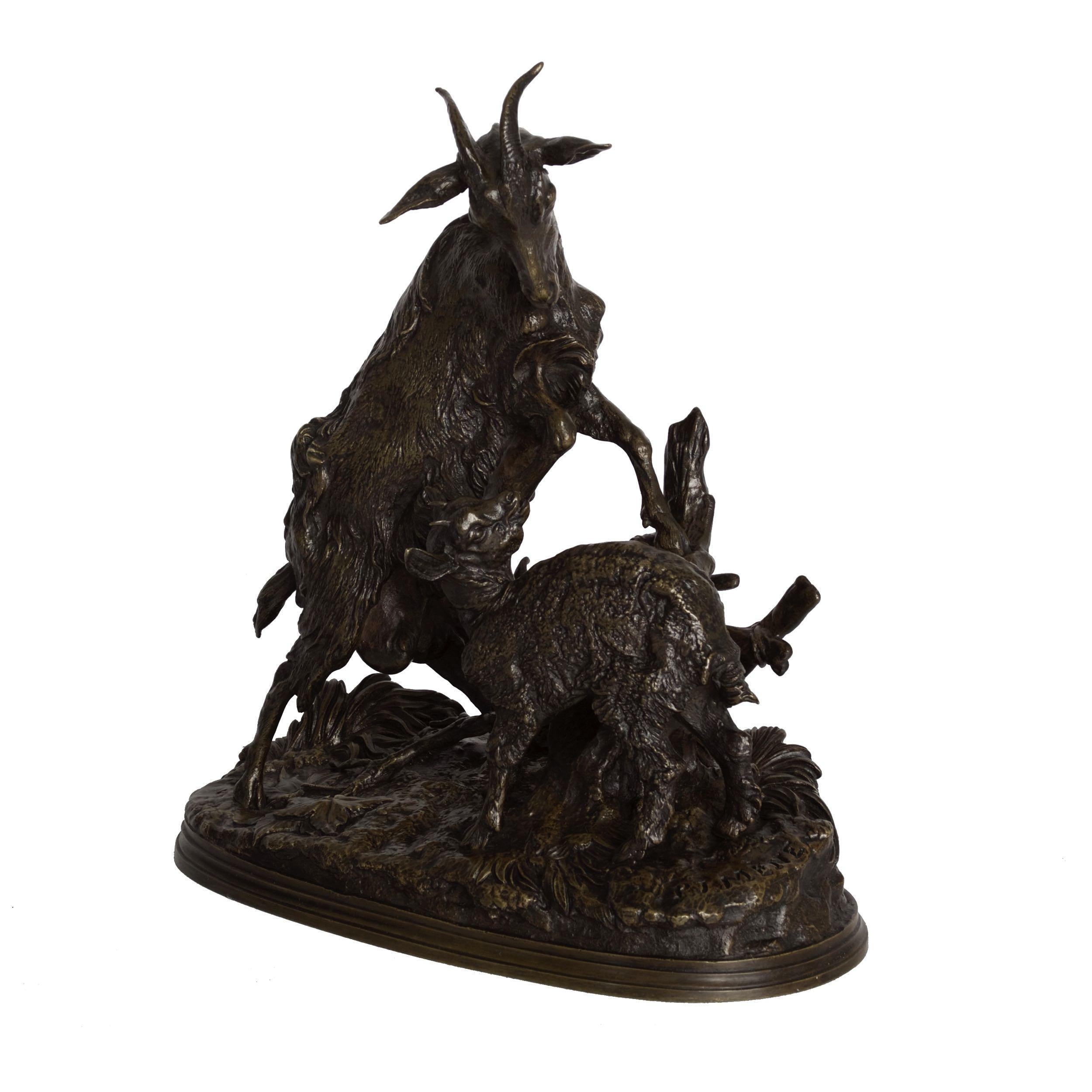 A rare and exceptional model of La Chévre et le Chevreau (The Nanny Goat and her Kid), it retains an exquisite original patina. Likely an atelier casting from Mene's own foundry, the hand chiseling and chasing executed by the foundry is exquisite,