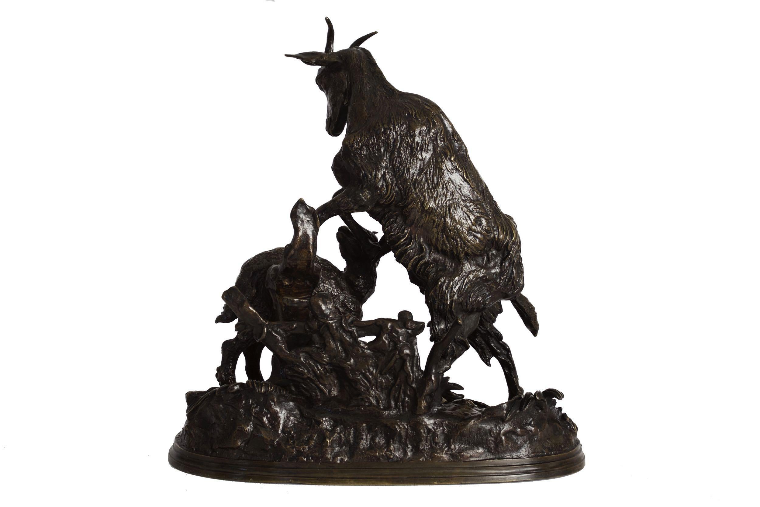 French “Nanny Goat and Kid” Antique Bronze Group Sculpture by Pierre Jules Mene For Sale