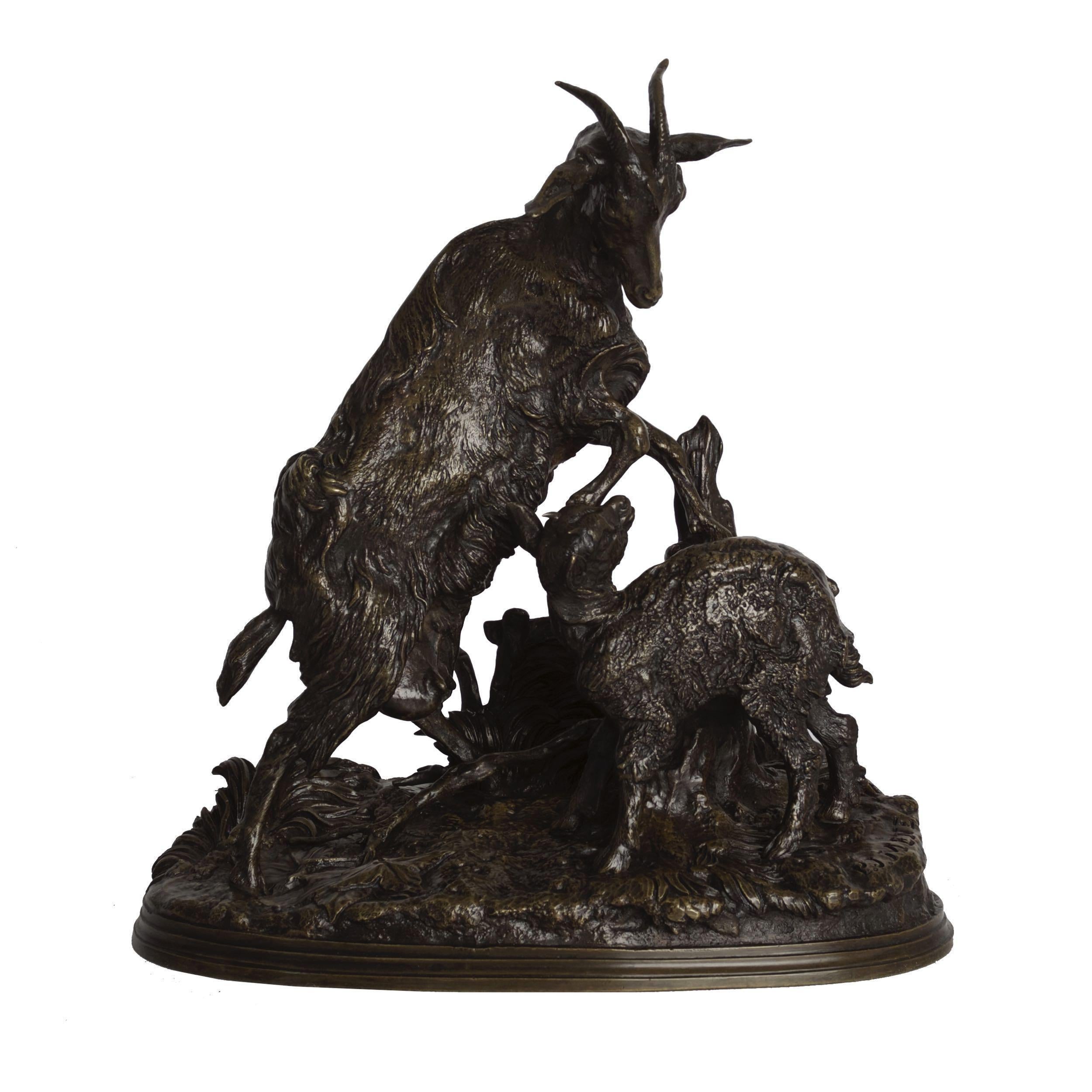 19th Century “Nanny Goat and Kid” Antique Bronze Group Sculpture by Pierre Jules Mene