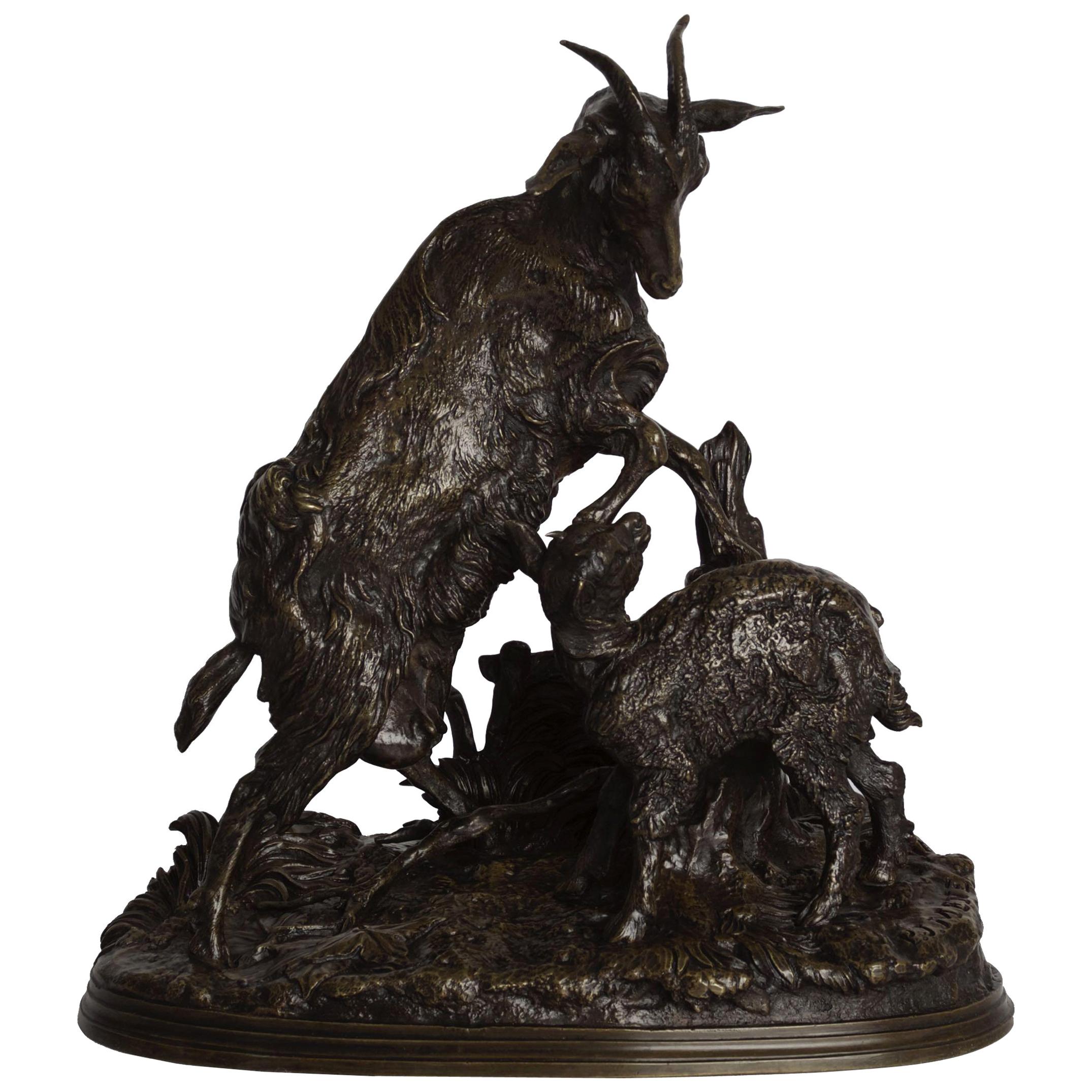 “Nanny Goat and Kid” Antique Bronze Group Sculpture by Pierre Jules Mene For Sale