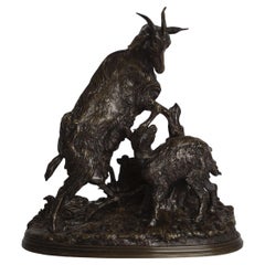 “Nanny Goat and Kid” Antique Bronze Group Sculpture by Pierre Jules Mene