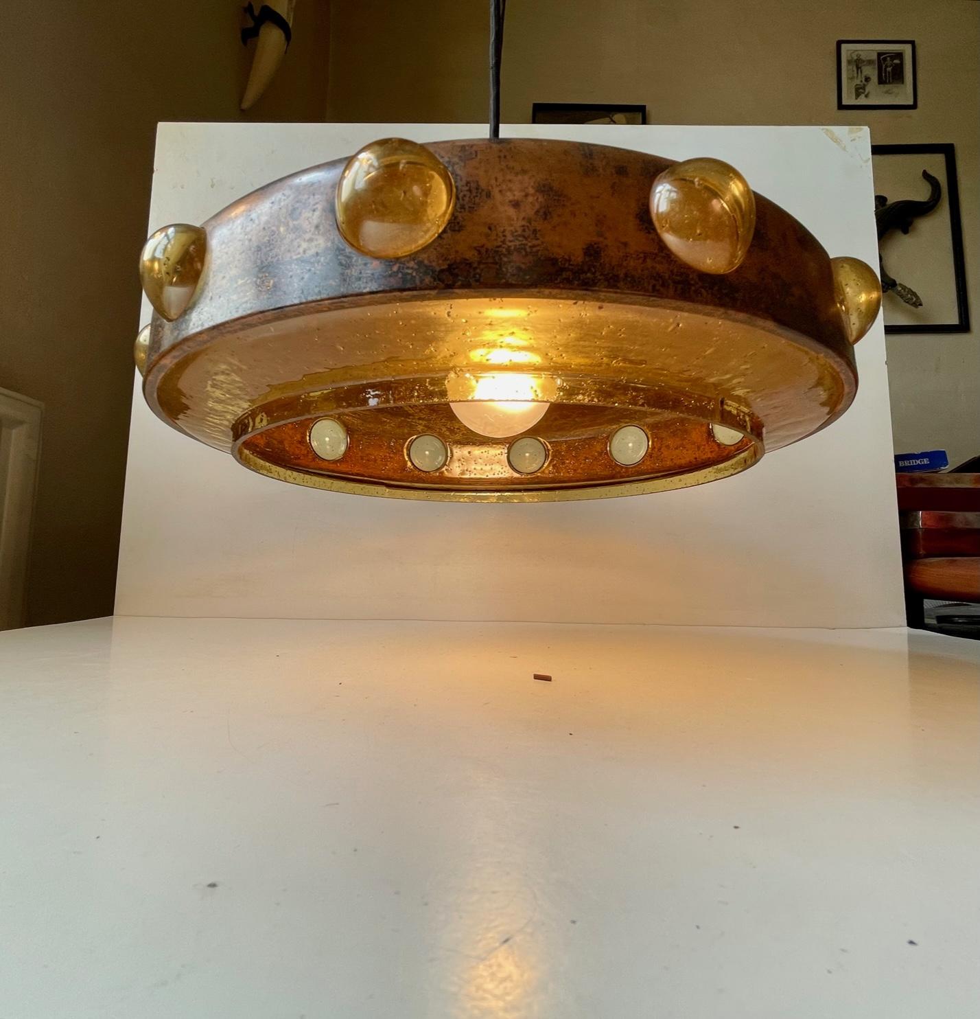 Mid-20th Century Nanny Still Brutalist Ceiling Lamp in Acid Copper & Glass for RAAK, 1960s